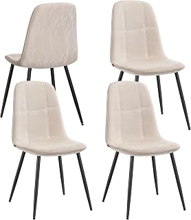 VASAGLE Sillas de Comedor, Juego de 4, Soporte de Metal, Pies Ajustables, Fácil Limpieza, Sillas de Cocina, Tejido de Chenilla, PU con Textura Brillante, Blanco Crema KDC188W01