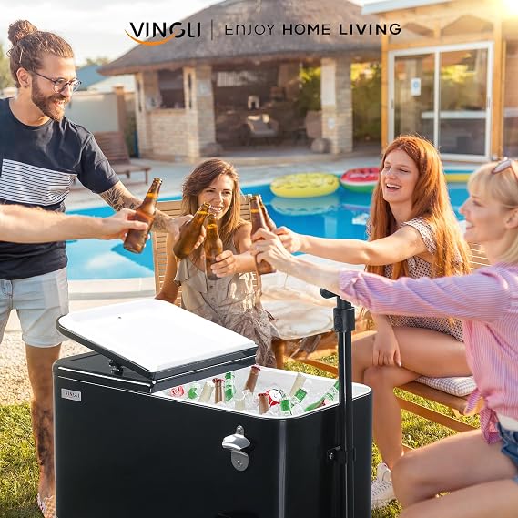 VINGLI 80 Quart Wagon Rolling Cooler Ice Chest, w/Long Handle and 10 Wheels, Portable Beach Patio Party Bar Cold Drink Beverage, Outdoor Park Cart on Wheels