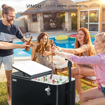 VINGLI 80 Quart Wagon Rolling Cooler Ice Chest, w/Long Handle and 10 Wheels, Portable Beach Patio Party Bar Cold Drink Beverage, Outdoor Park Cart on Wheels