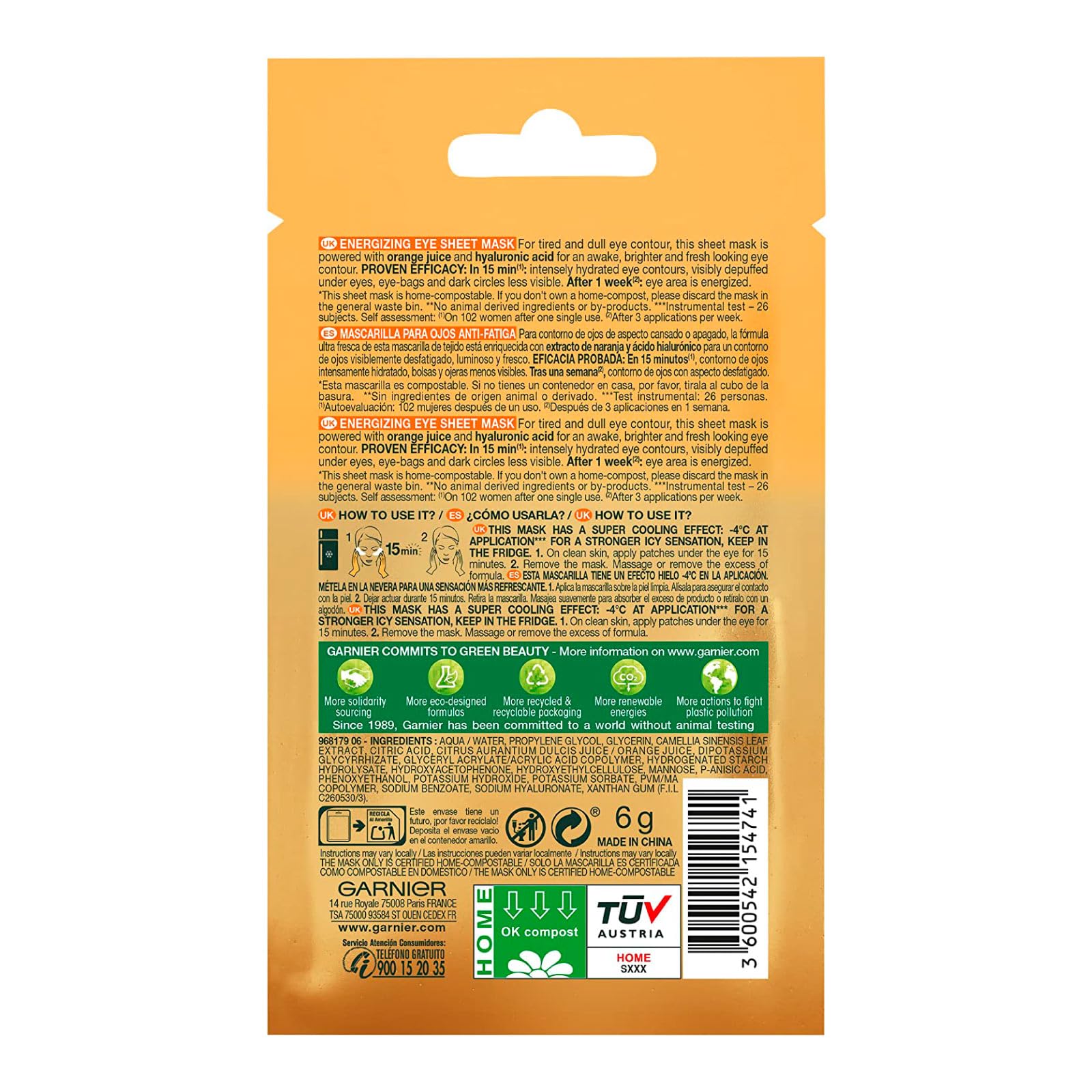 Garnier SkinActive Hydra Bomb Masque pour les yeux contre les cernes, avec jus d'orange et acide hyaluronique, 4 patchs + Masque pour les yeux Cryo Jelly, effet anti-âge, avec glycérine et menthol, 4