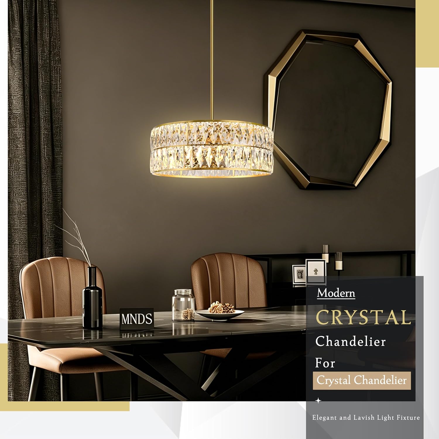 18" Modern Crystal Pendant Light Contemporary Round Pendants Lights Brushed Gold Drum Shade Crystal Chandelier Adjustable Crystals Light Fixture for Living Room Dining Room Foyer