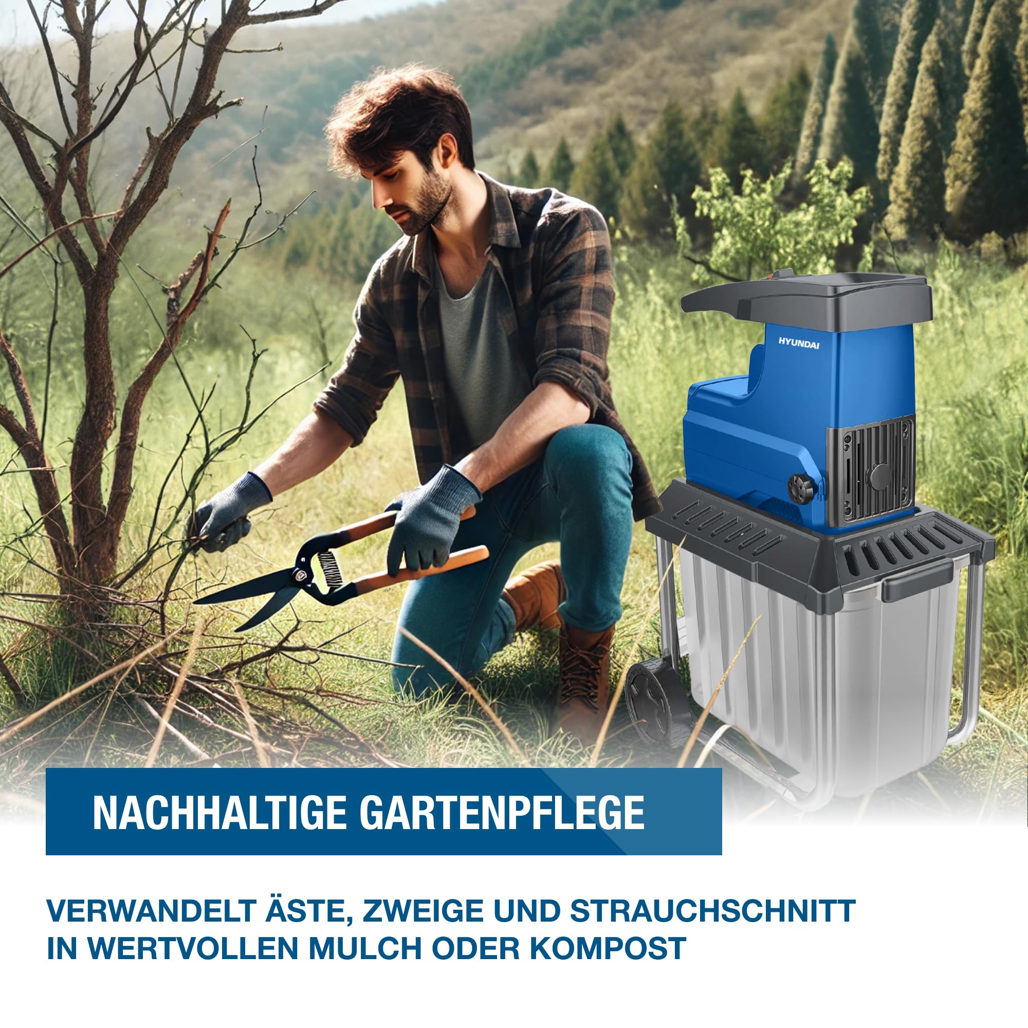 HYUNDAI Elektro-Gartenhäcksler GH28045E | 2.800W, max. 45 mm Aststärke | 60L Box | Selbsteinzug und Rücklauf | Leiser Walzenhäcksler