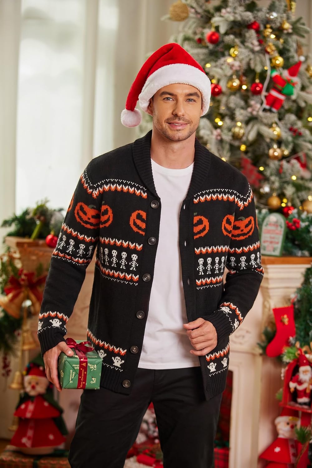 COOFANDY Mens Christmas Cardigan Sweater Shawl Collar Knitted Xmas Knitwear