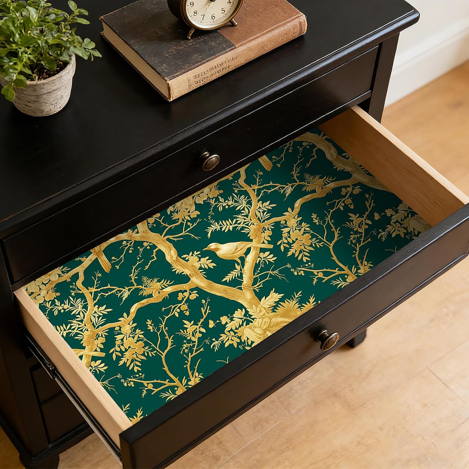 17.5x393 Chinoiserie Peel and Stick Wallpaper Green Luxury Gold Wallpaper Bird Tree Vinyl Vintage Green Chinoiserie Contact Paper with Birds Dark Academia Floral Gold Accent Renter Friendly