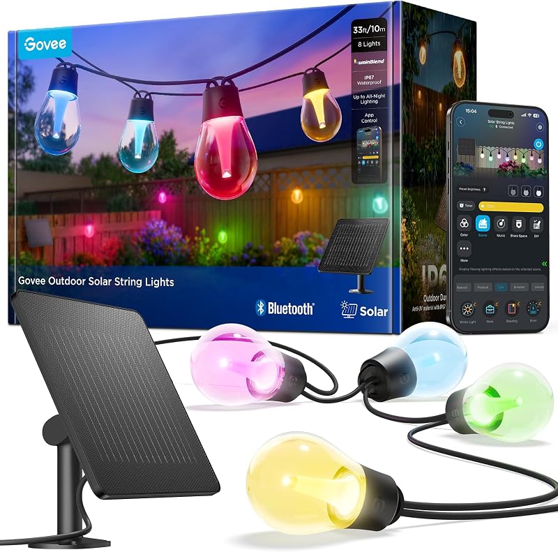 Luces solares para exteriores, 33 pies con 8 bombillas RGBICW IP67 impermeables | 112 modos y control de APLICACIONES a través de Bluetooth, 8 bombillas LED REGULABLES A prueba de roturas, luces de patio RGBICW para jardín, patio trasero, camping