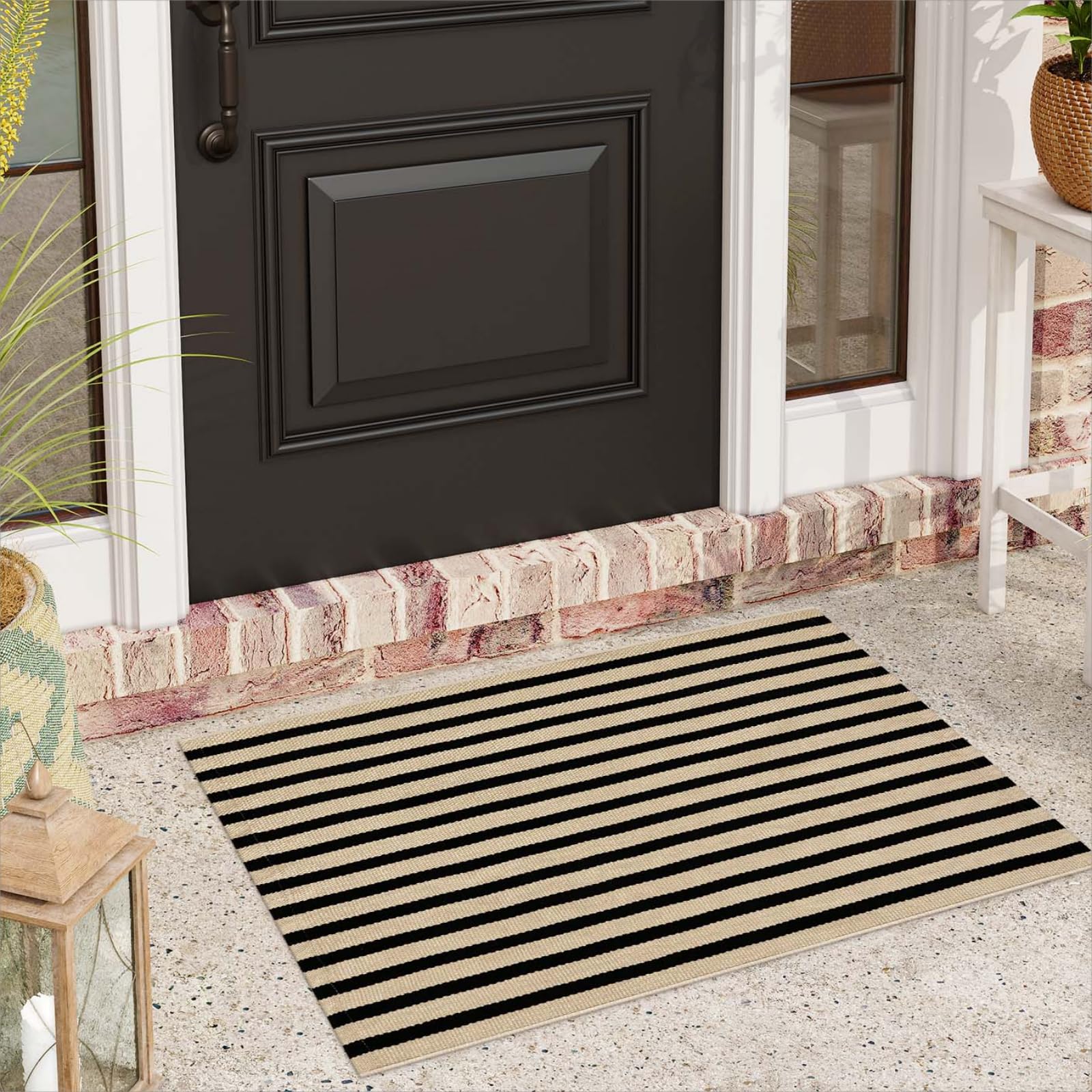 Sungea Black and Tan Outdoor Rug 24"x35", Washable Reversible Striped Front Door Mat,Cotton Hand-Woven Layered Door Mats Farmhouse Throw Rugs for