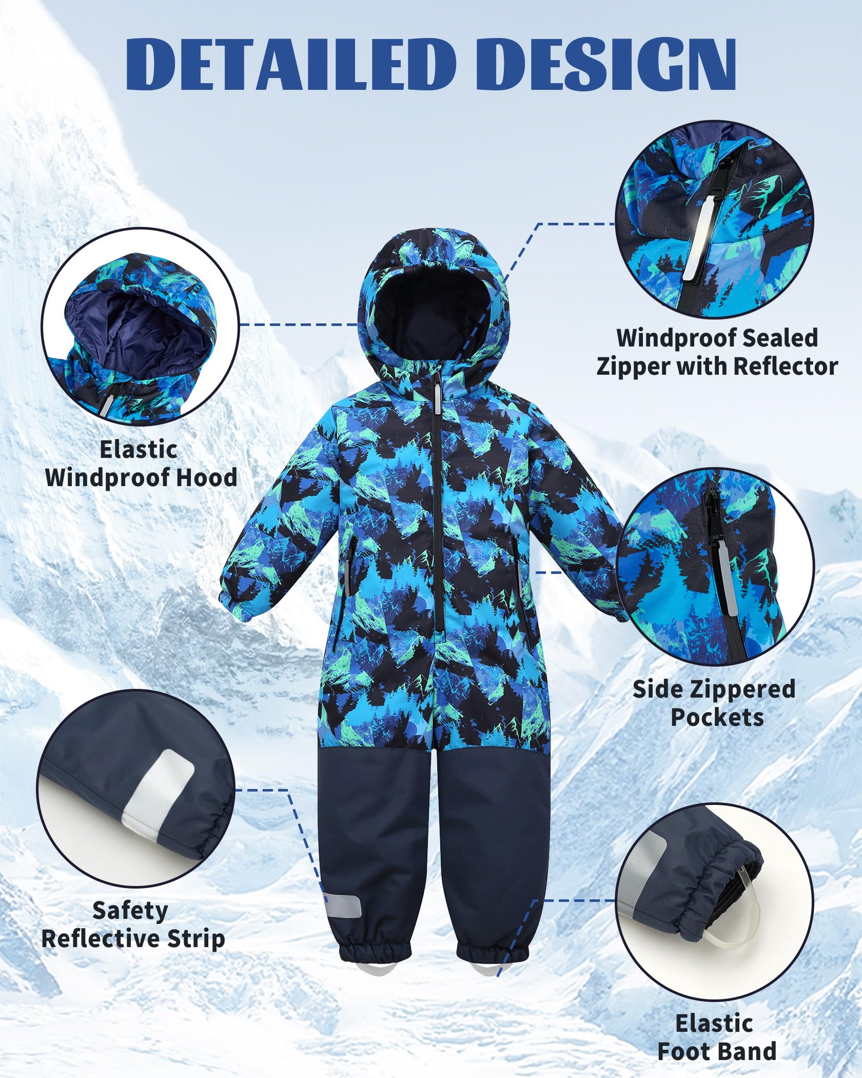 Owntop Schneeanzug Kinder Unisex, Schneeoverall Mädchen Jungen, Winddicht Wasserdicht Skianzug mit Kapuze Reißverschluss (Hellblau Tarnung,104)