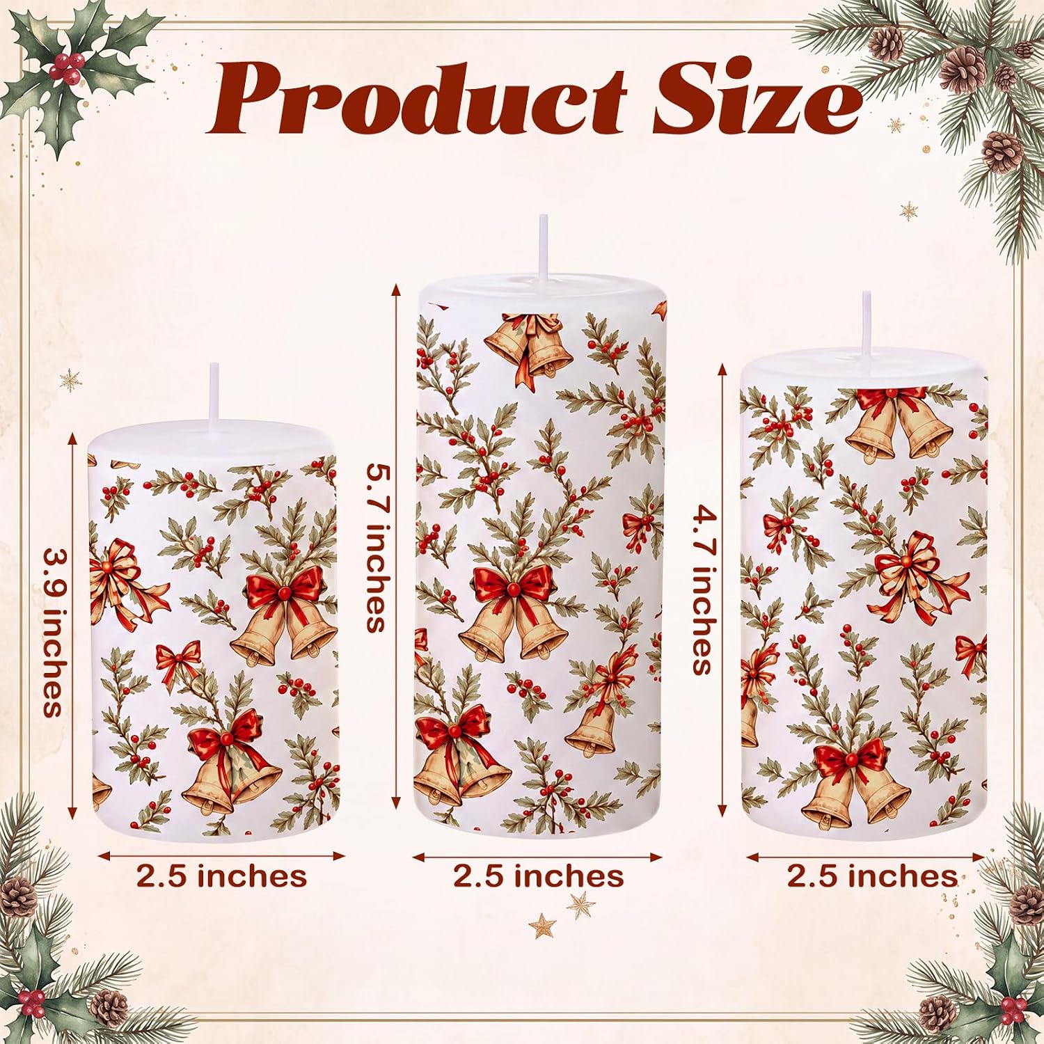 Conelist Set of 3 Red Bows Christmas Pillar Candles Bells Xmas Candles