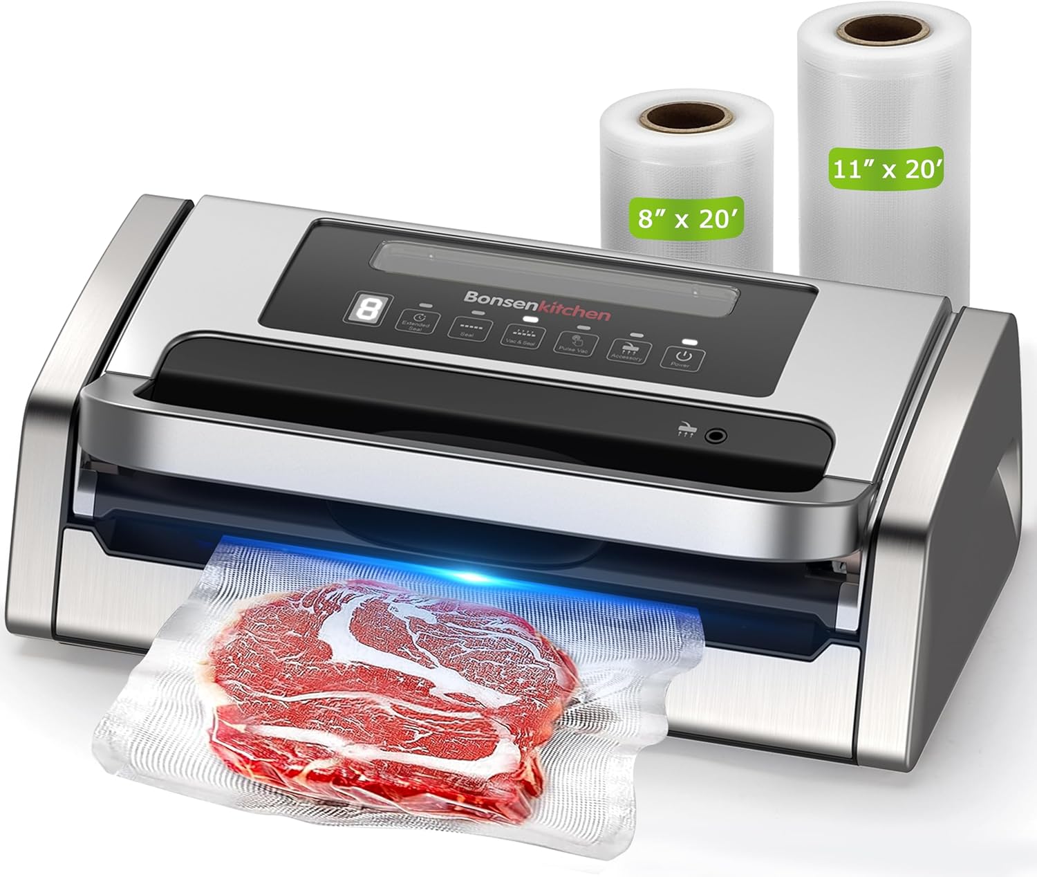 bonsenkitchen vacuum sealer machine, powerful low-noise food vacuum sealer, globefish technology for high-speed continuous working (full silver)