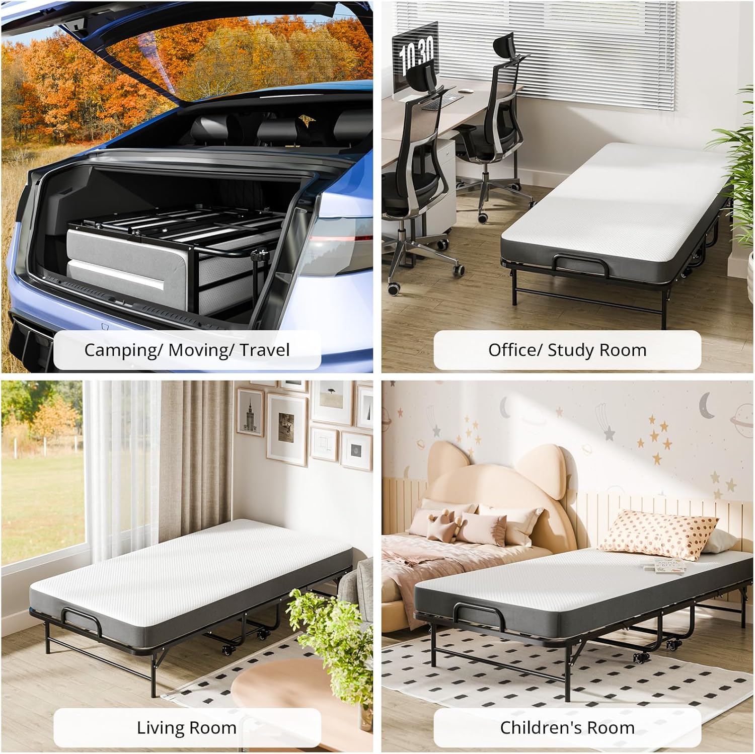 Cozy Castle Twin Folding Bed with Mattress, 75" x 38" Portable Rollaway Bed for Adults, with 5" Memory Foam Mattress, Space-Saving Sturdy Metal Frame