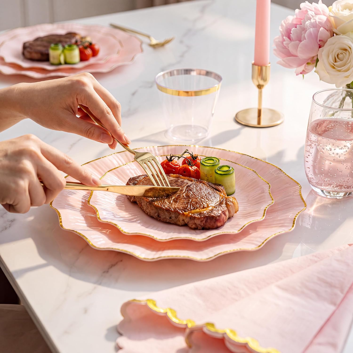 175 PCS Plastic Dinnerware Set, Pink and Gold Plastic Plates for 25 Guests image 3