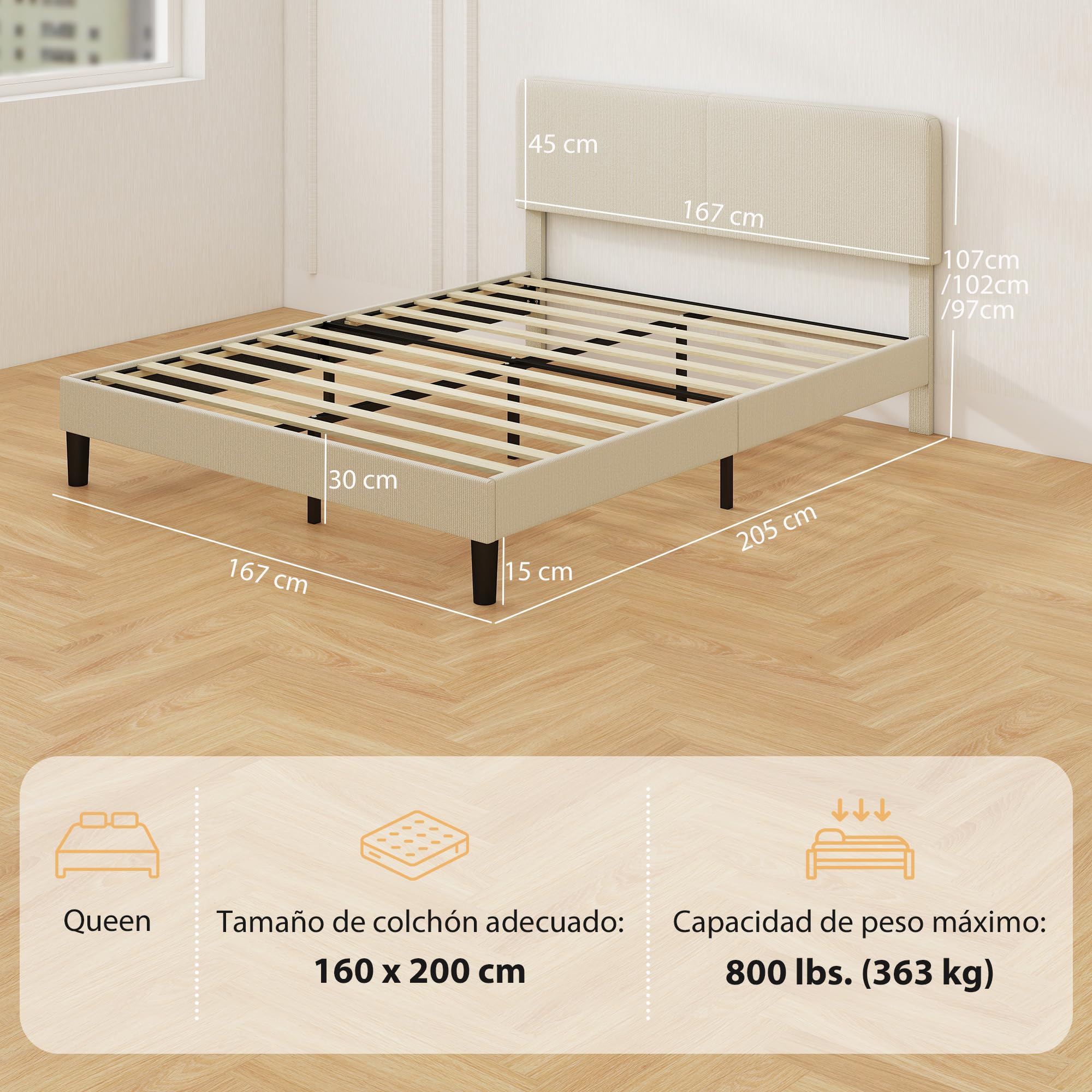 HOMCOM Somier 160x200 cm con Cabecero Ajustable, Estructura de Cama, Tapizado en Pana, Láminas de Madera, Fácil de Montar, Gris Claro