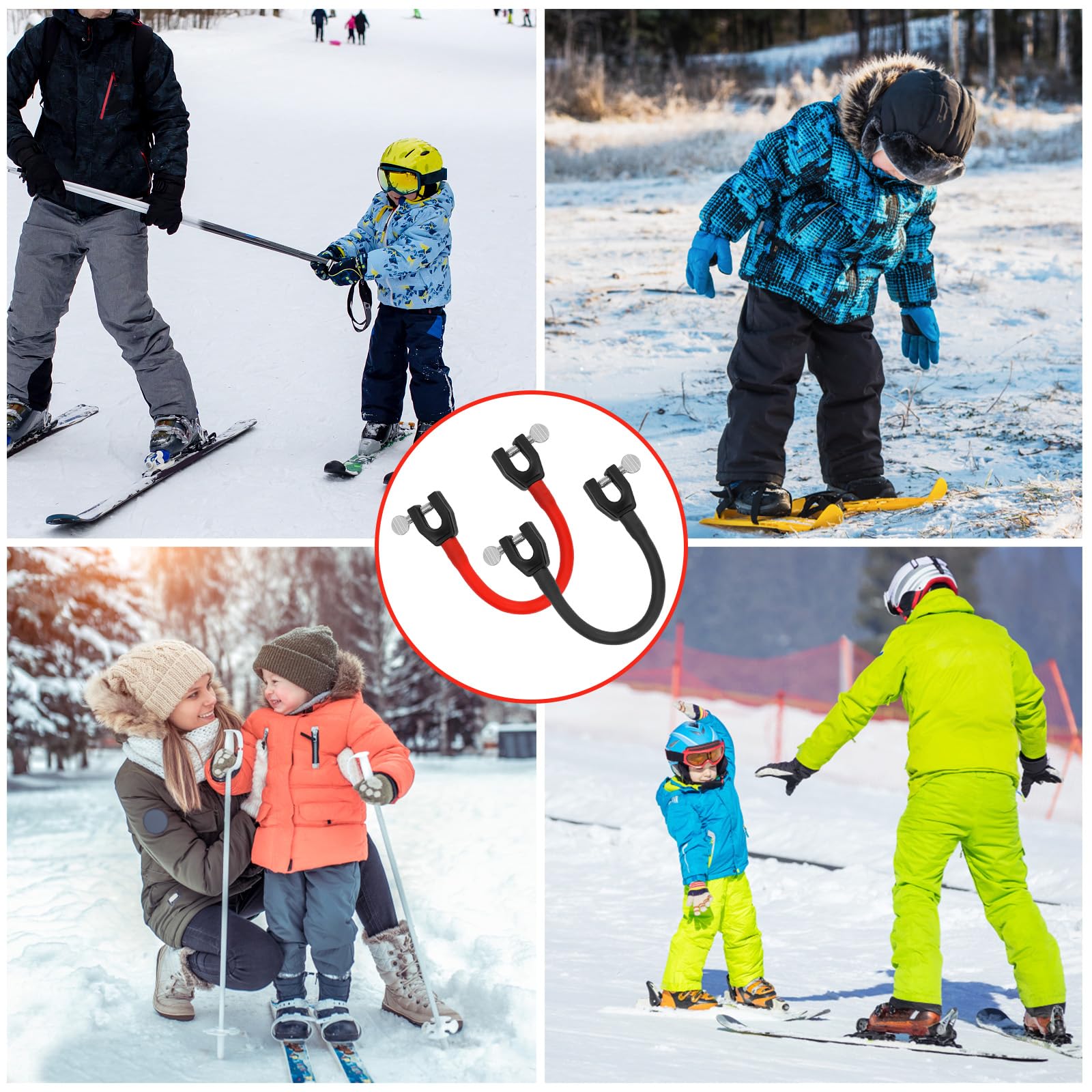 2szt Zlacze Koncówki Narciarskiej dla Dzieci, Przenosne Zlacze do Nart Pomoc do Nauki Jazdy na Nartach Akcesoria Snowboardowe dla Dzieci, Poczatkujacy (Czarny, Czerwony)