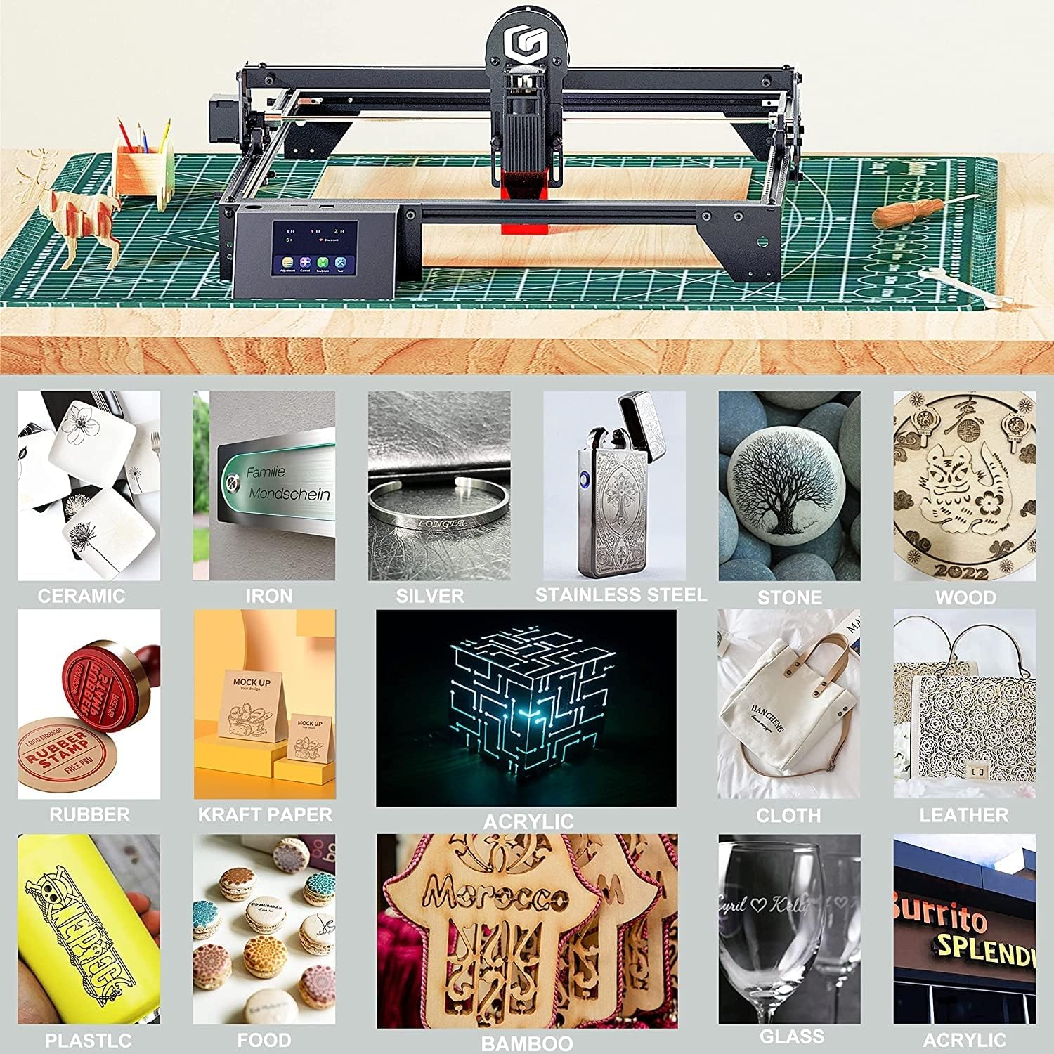Diversos materiais compatíveis com a gravadora a laser LONGER RAY5 de 10W.