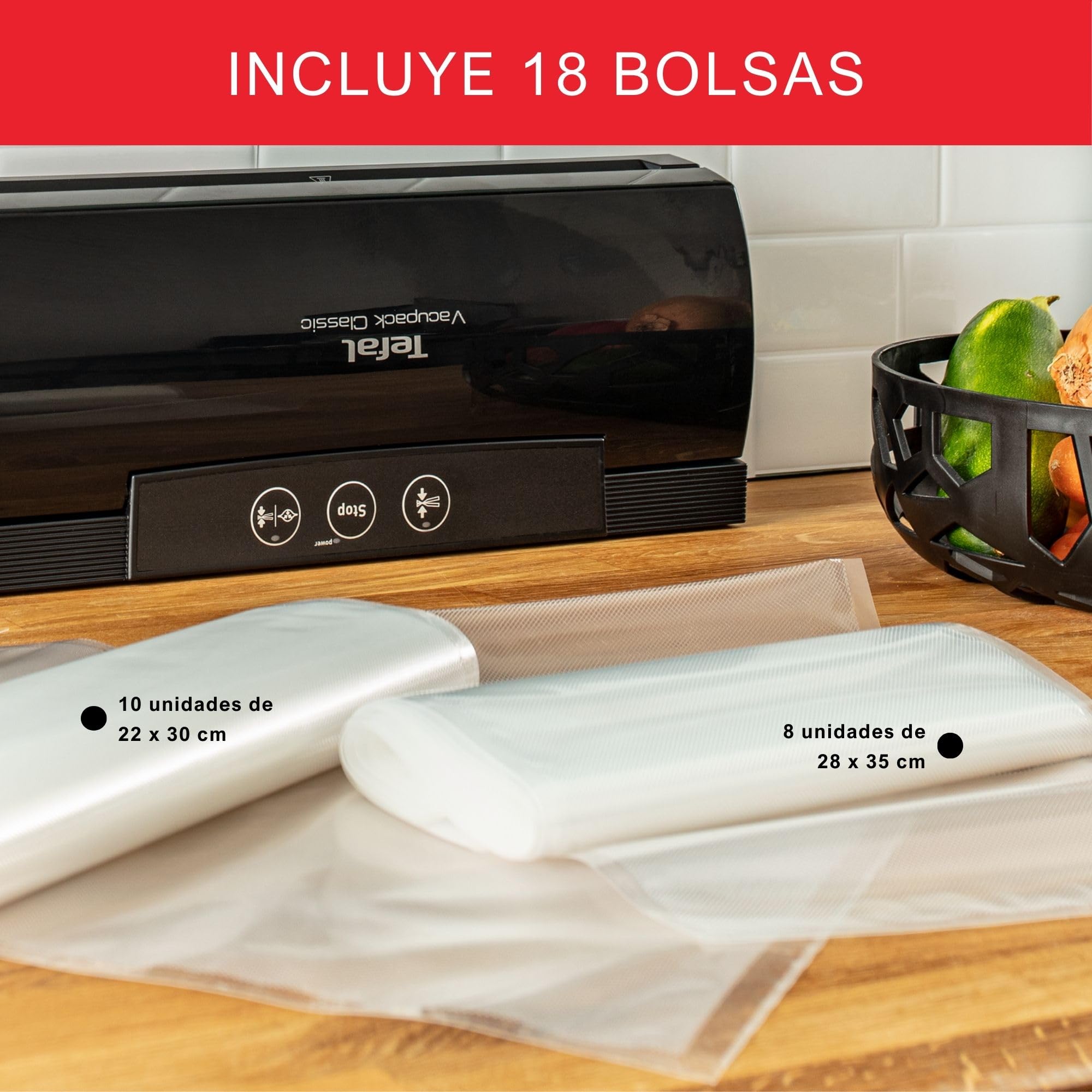 Tefal Vacupack classic VT254070 - Envasadora al vacío, con función sellar y parar, diseño moderno y compacto para fácil almacenaje, incluye 18 bolsas, conserva tu comida fresca más tiempo