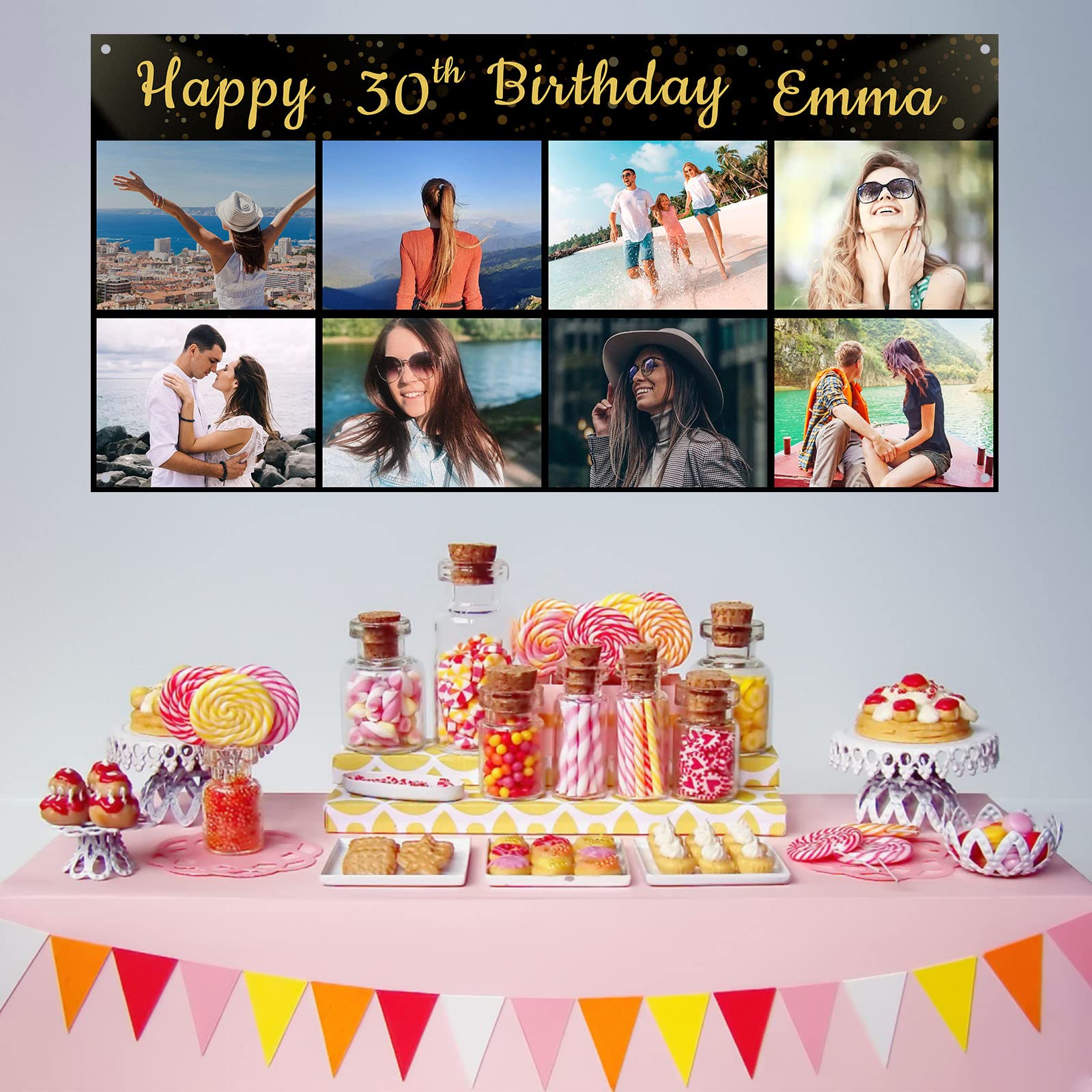 Personalised Birthday Banner Party Decoration, Any Photo Name & Age, Custom Photo Banner for Birthday Customised Backdrop Sign Poster Background for Men Women Girls Boys