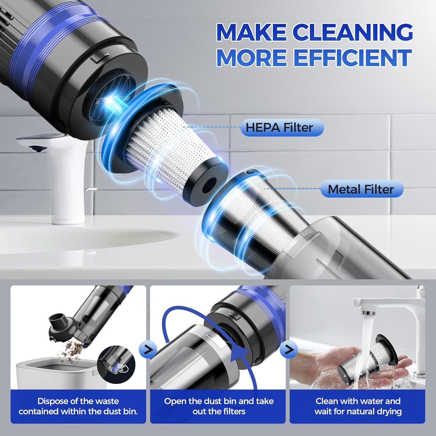 Handheld Vacuum Cordless Rechargeable 2-Speed Modes| 3-in-1 Portable Cordless Vacuum Cleaner with Charging Dock, for Car Home Office and Pet Hair(Blue) - Image 7