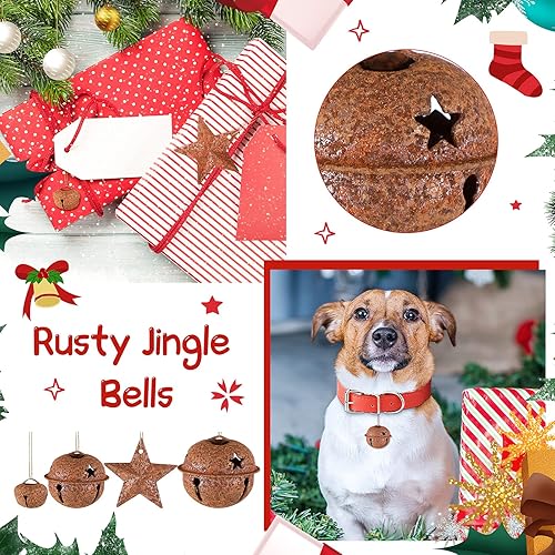 Miniatura 4 de Juego de 140 campanas de Navidad oxidadas, incluye 100 campanas pequeñas rústicas con 20 estrellas y 20 estrellas de metal oxidado, adorno vintage