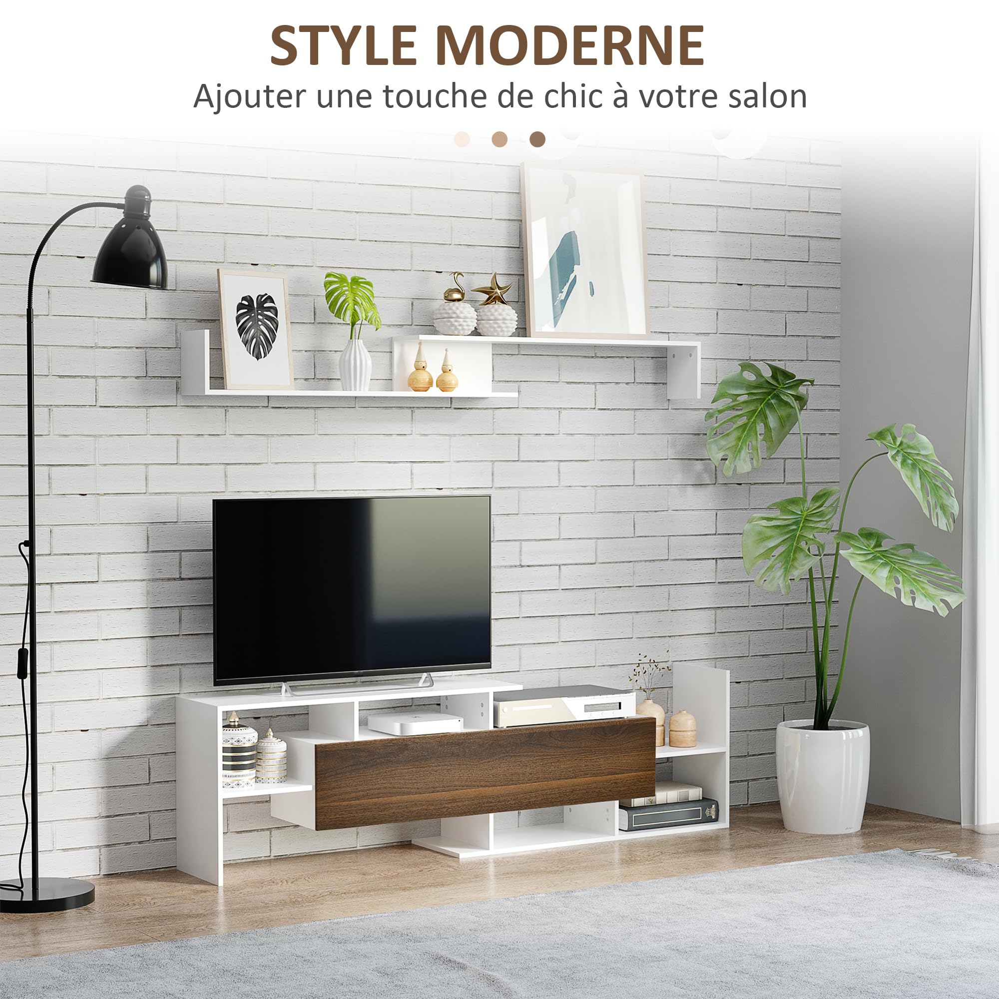 HOMCOM Ensemble Meuble TV avec Banc et étagère Murale Style Contemporain 153,6L cm - Blanc et Marron