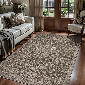 Ciicool 3x5 Washable Brown Rug Boho Floral Non-Slip Bedroom Rugs for Entryway Throw Rug Soft Low-Pile Indoor Floor Carpet for Living Room Laundry Foyer Decor