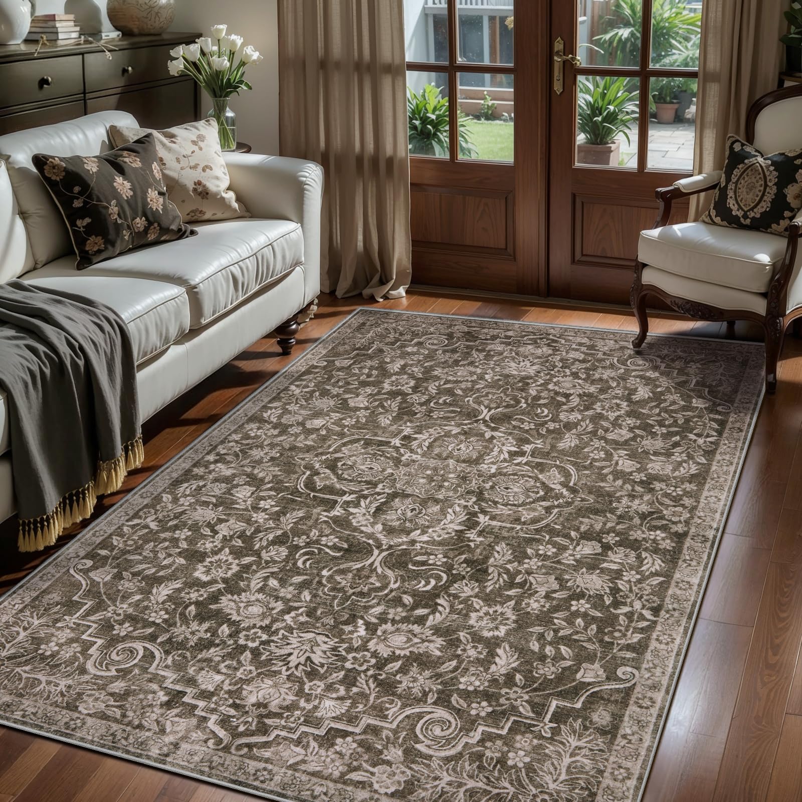 Ciicool 3x5 Washable Brown Rug Boho Floral Non-Slip Bedroom Rugs for Entryway Throw Rug Soft Low-Pile Indoor Floor Carpet for Living Room Laundry Foyer Decor