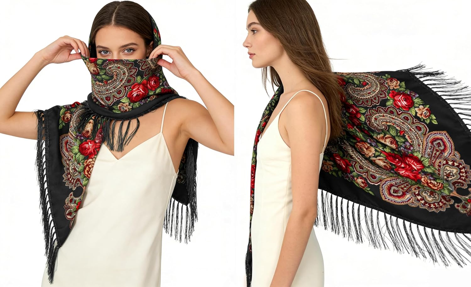 Russian Style Muffler Warm Scarf with Tassel Women's Traditional Scarf Wrap Shawl Fringes Printing Cape