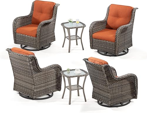 Miniatura 77 de Juego de 2 sillas de patio giratorias de 360 grados para exteriores y mesa auxiliar a juego – 3 sillas deslizantes de mimbre para patio con cojines