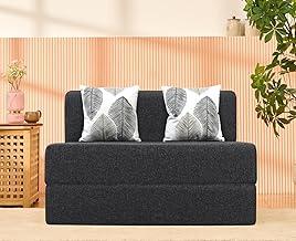 uberlyfe 2 Seater Sofa Cum Bed | 1 Year Warranty | Twin Mattress, Foldable Sofacum Bed | 15" Sofa Height |2 Cushions Threadbare Pattern | Jute Finish Fabric, Dark Grey | 4' X 6' Feet