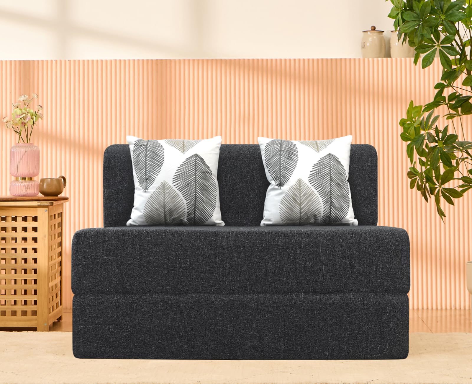 uberlyfe 2 Seater Sofa Cum Bed | 1 Year Warranty | Twin Mattress, Foldable Sofacum Bed | 15" Sofa Height |2 Cushions Threadbare Pattern | Jute Finish Fabric, Dark Grey | 4' X 6' Feet