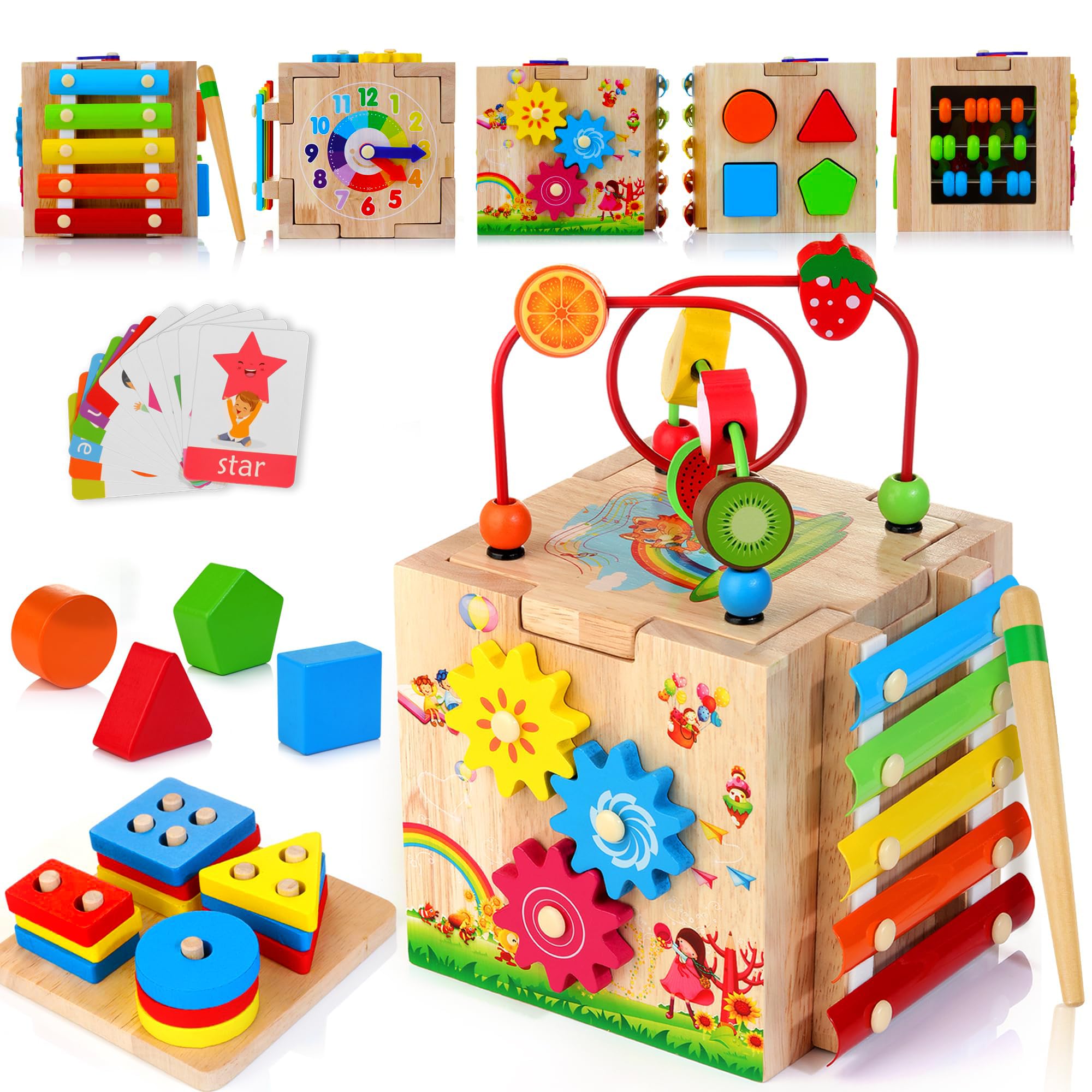 Wooden Activity Cube Baby Toys, 8-in-1 Montessori Educational Toy Set, Bead Maze Shape Sorter Abacus Xylophone Words & Clock Learning, STEM Toys for Boys Girls Toys for 1 2 3 years old