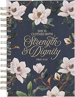 Christian Art Gifts Inspirational Journal, Strength & Dignity Wide Ruled Notebook, Prov. 31:25 Bible Verse, Navy Blue Floral, 192 Lined Pages w/scripture, (8.4” x 6.4” x 1”)