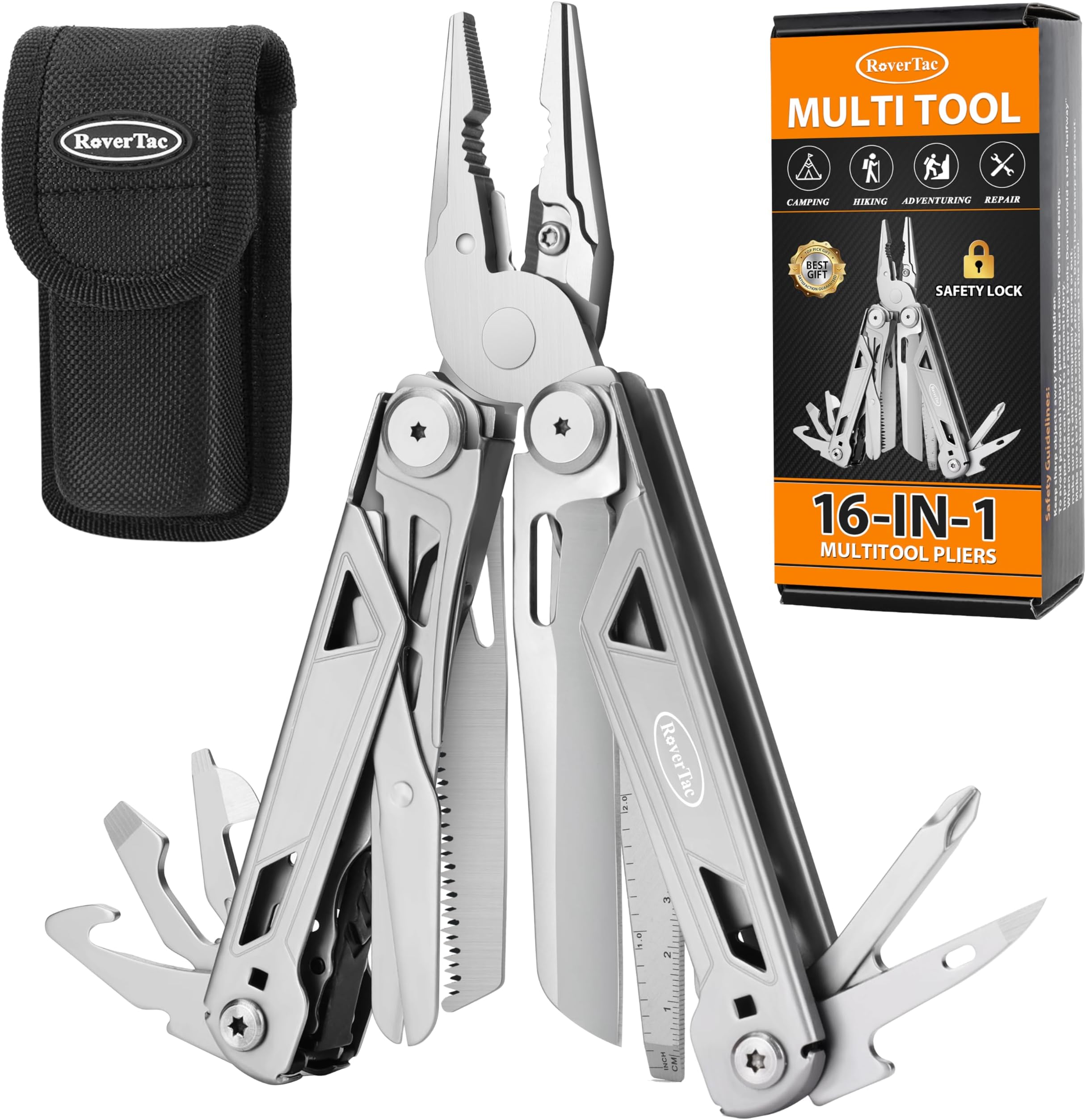 16-in-1 Multitool Pliers with Knife, Scissors, Saw & Screwdrivers – Heavy-Duty Multi Tool Pocket Knife with Nylon Sheath – Ideal for Camping, Hiking, Survival, DIY & Everyday Carry