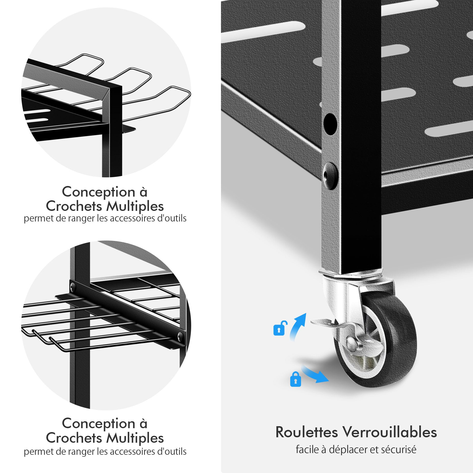 Mimoke Étagère à outils de jardin en métal - Étagère de rangement robuste avec 6 roulettes - Support à outils stable pour jardin, garage, cave et atelier - Étagère de rangement robuste pour outils de