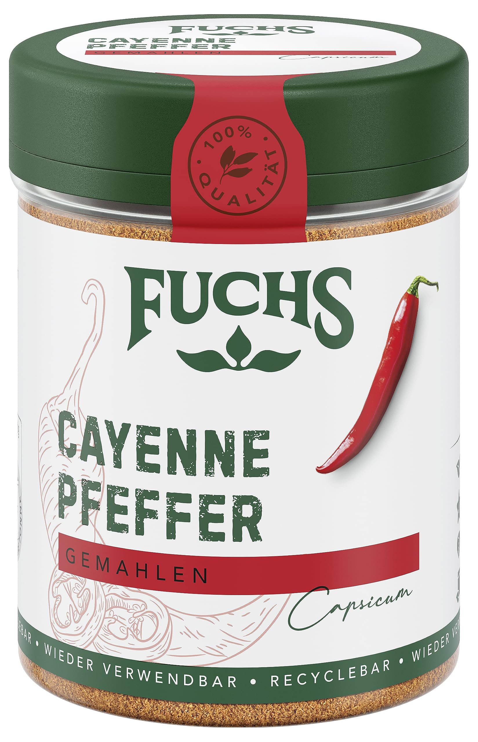 Fuchs Gewürze - Cayennepfeffer gemahlen - für einen scharfen Geschmack in allerlei Gerichten - natürliche Zutaten - 60 g in wiederverwendbarer, recyclebarer Dose