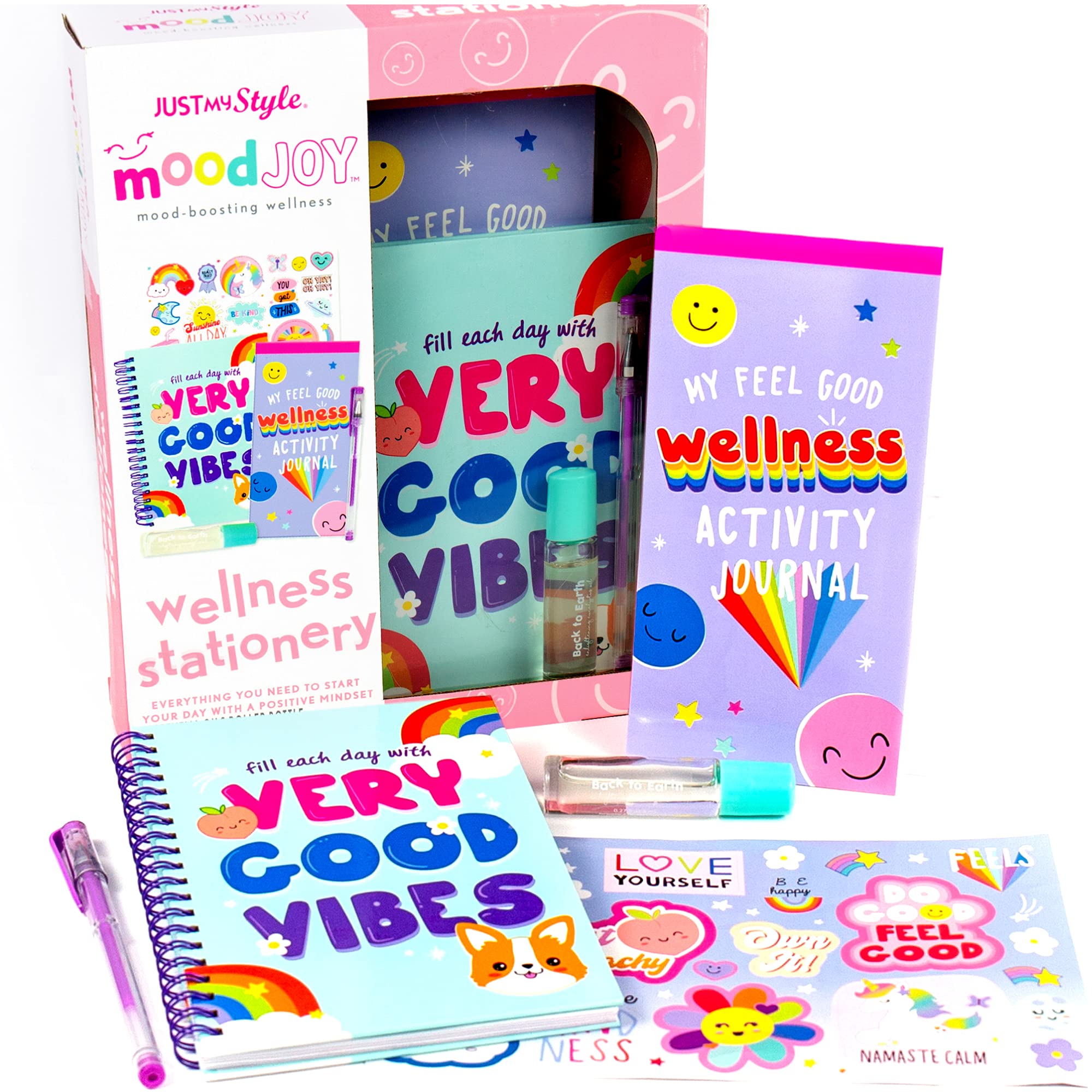Just My Style MoodJoy Wellness Stationery Set by Horizon Group USA, Includes Spiral-Bound Positivity Planner, Wellness Activity Notebook, Aromatherapy Roller, Stickers & More