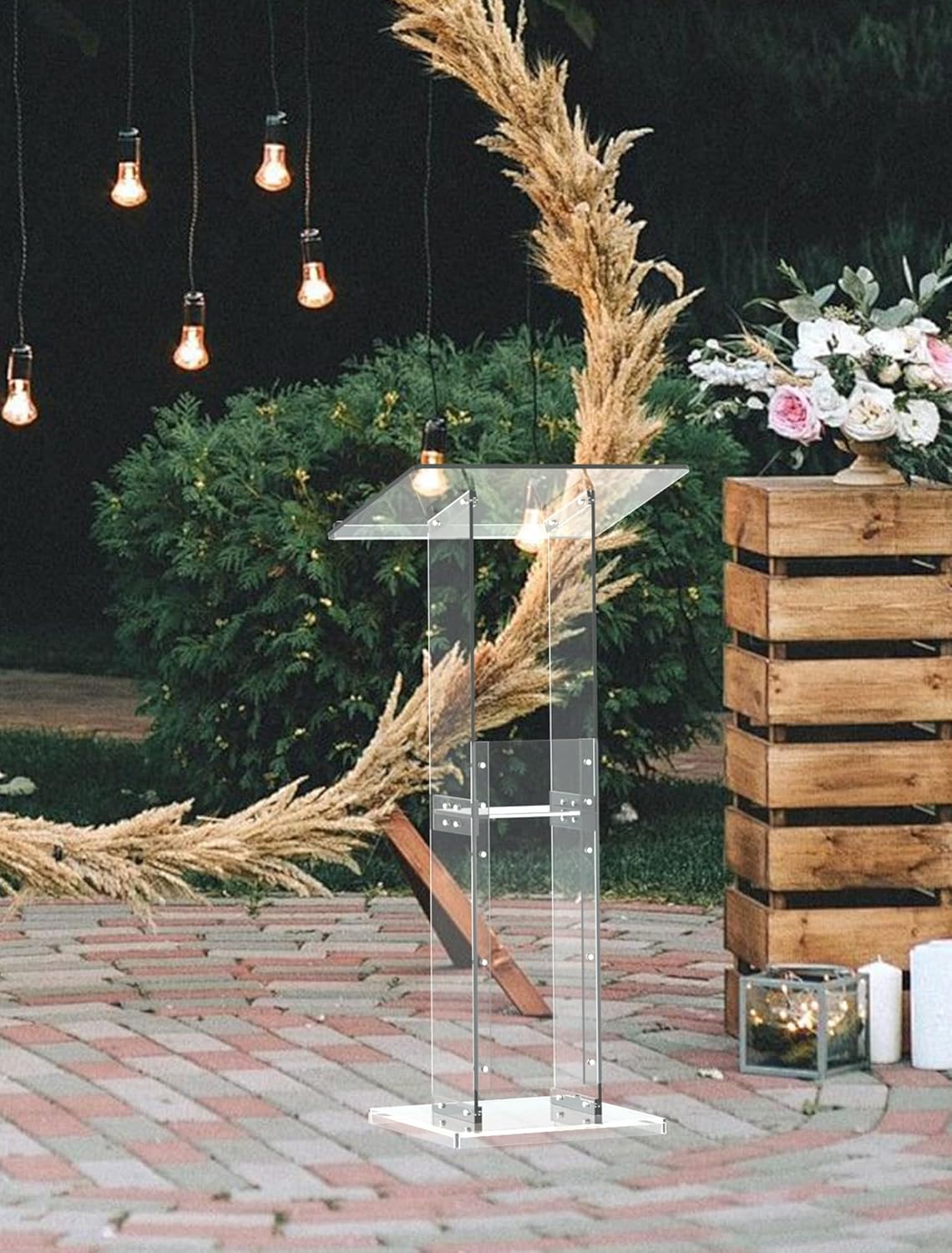 Acrylic Podium Stand with Storage Shelf, 45.5" Modern Clear Lectern with Reading Platform for Classroom, Weddings, Conference, Concert, Professional Presentation Podiums