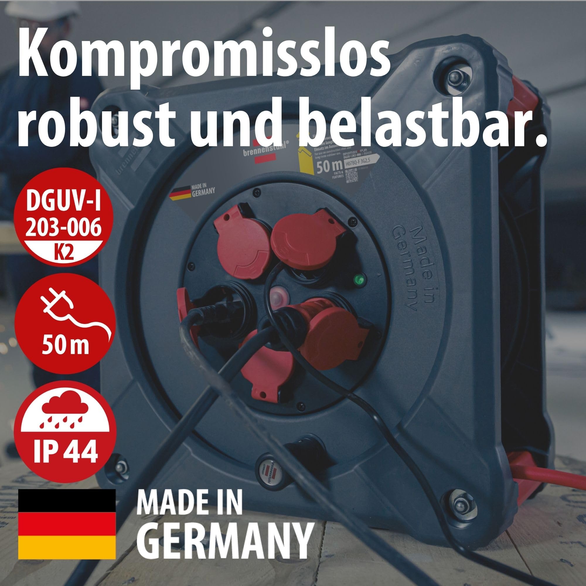 Brennenstuhl Professional Baustellen-Kabeltrommel KA 5210 5 IP44 (50m H07BQ-F 3G2,5 Kabel in rot, 5 Schutzkontakt-Steckdosen, Baustelleneinsatz und ständiger Einsatz im Freien, Made in Germany)