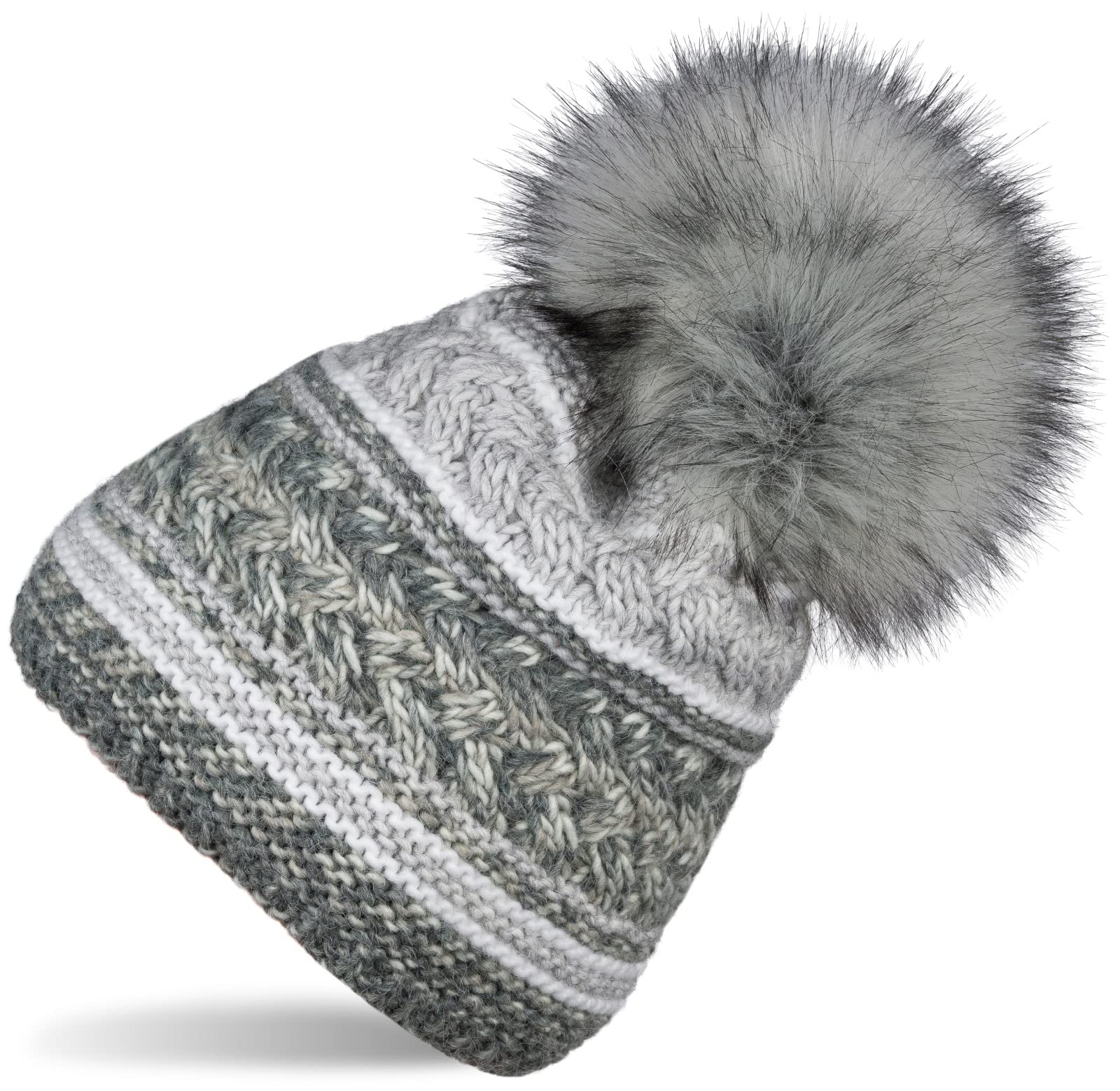 styleBREAKER Ladies Knitted Bobble hat with Colourful Pattern Mix and Fleece Lining, Winter Fur Bobble hat, Knitted hat 04024202, Colour:Light Grey-Grey