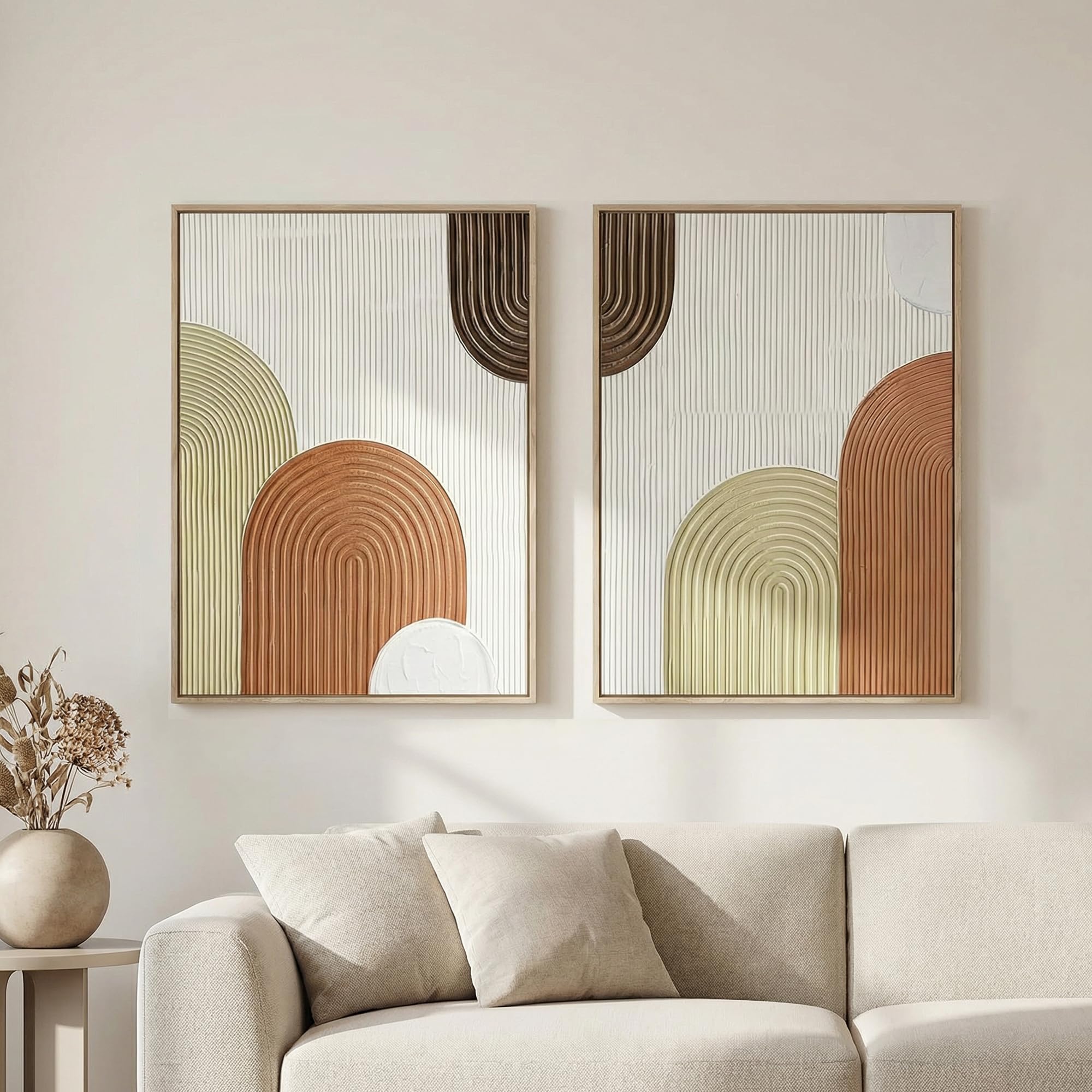 Artiluxy Set of 2 Framed 3D Textured Wall Art, Hand-Painted Raised Line Geometric Design, Neutral Beige and Brown, 18x24 Inch Each, Modern Decor for