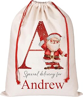 HooAMI Personalized Christmas Drawstring Gift Bags with Name and Initial Customized Christmas Santa Sack Pouch Gift Bag