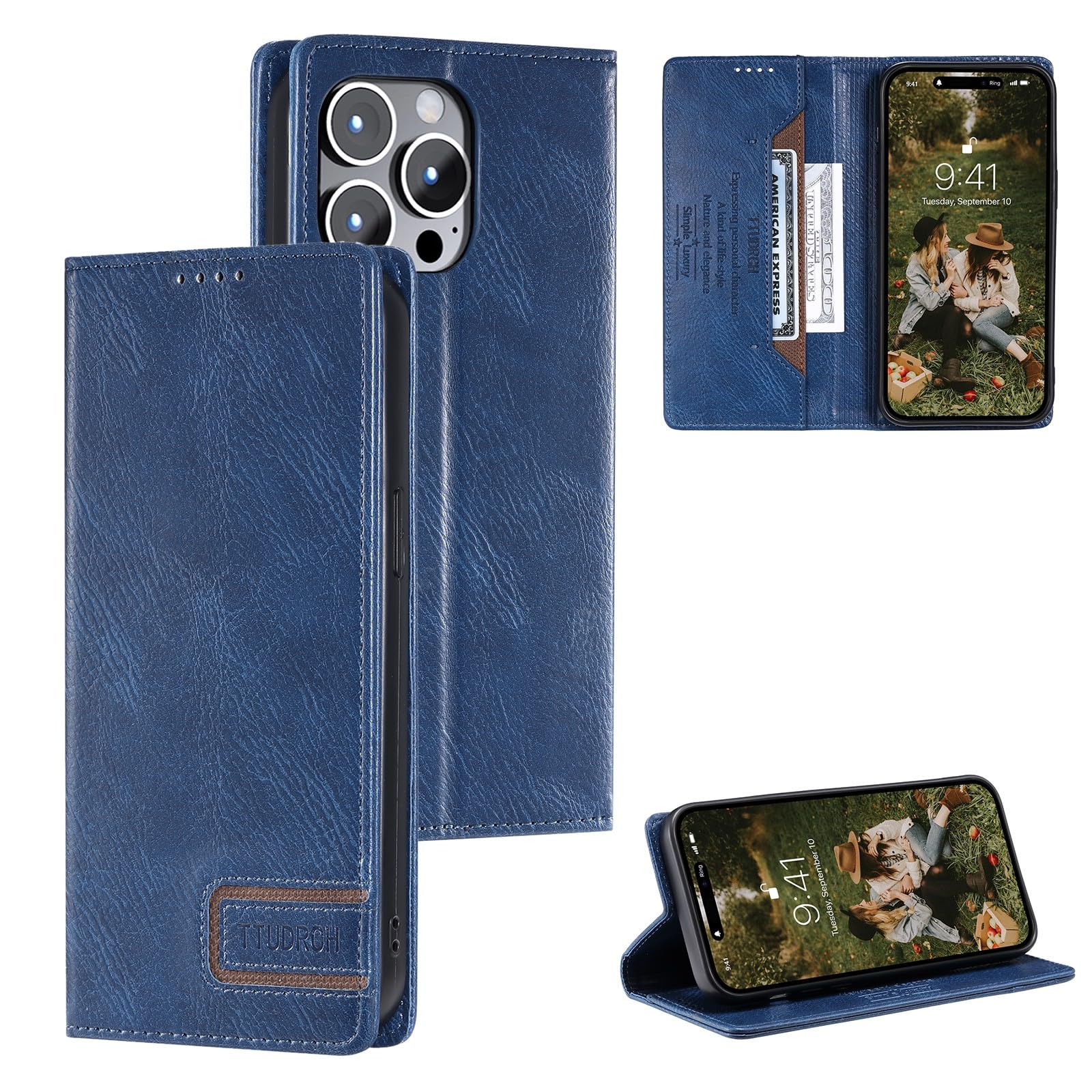 Étui pour iPhone 16 Pro en cuir bleu de qualité supérieure à rabat aimanté - 8