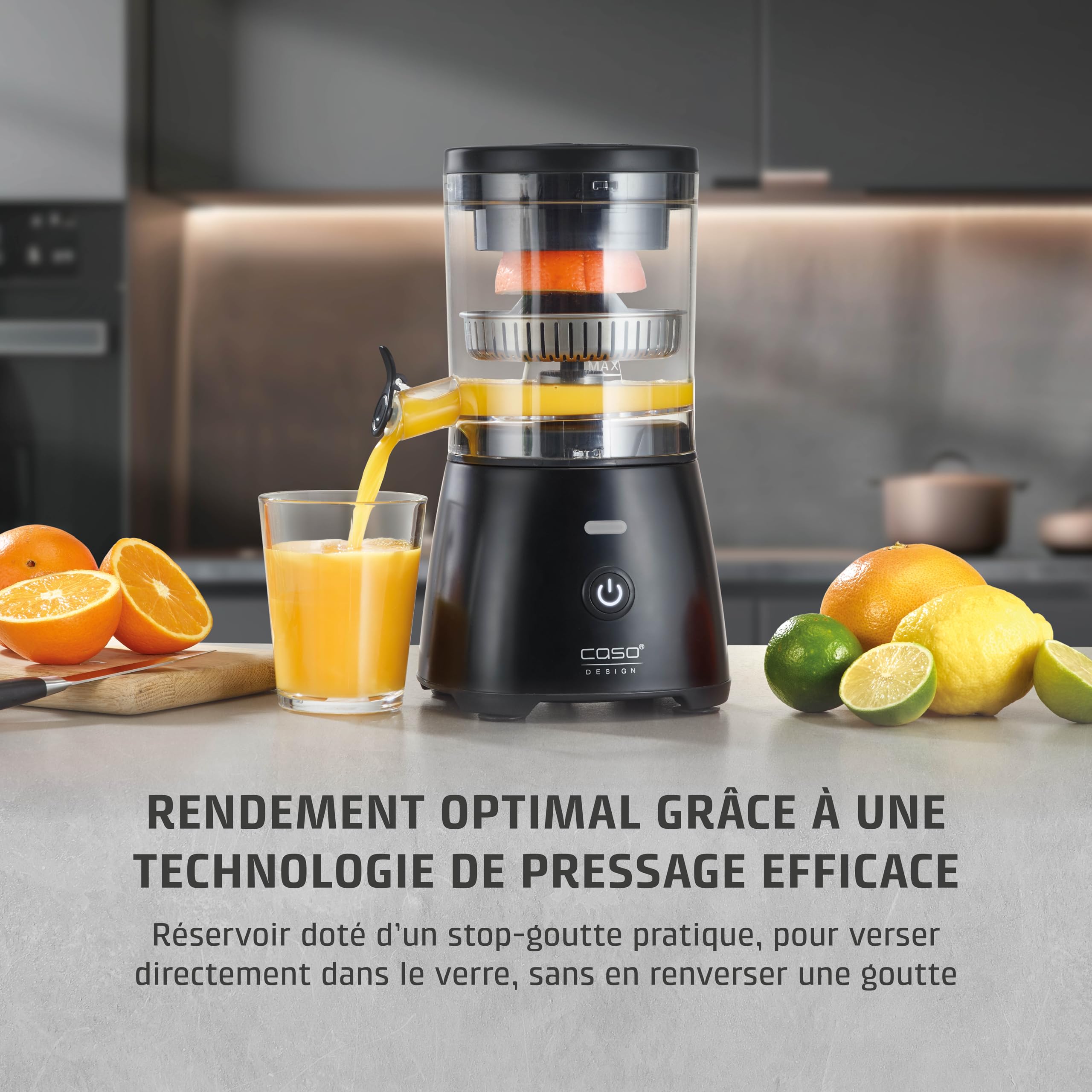 CASO CP 400 Lift - Presse agrume electrique avec cône universel pour oranges et agrumes, 300 W, anti-éclaboussures, extraction élevée du jus, pieds à ventouse, sans BPA, compatible lave-vaisselle