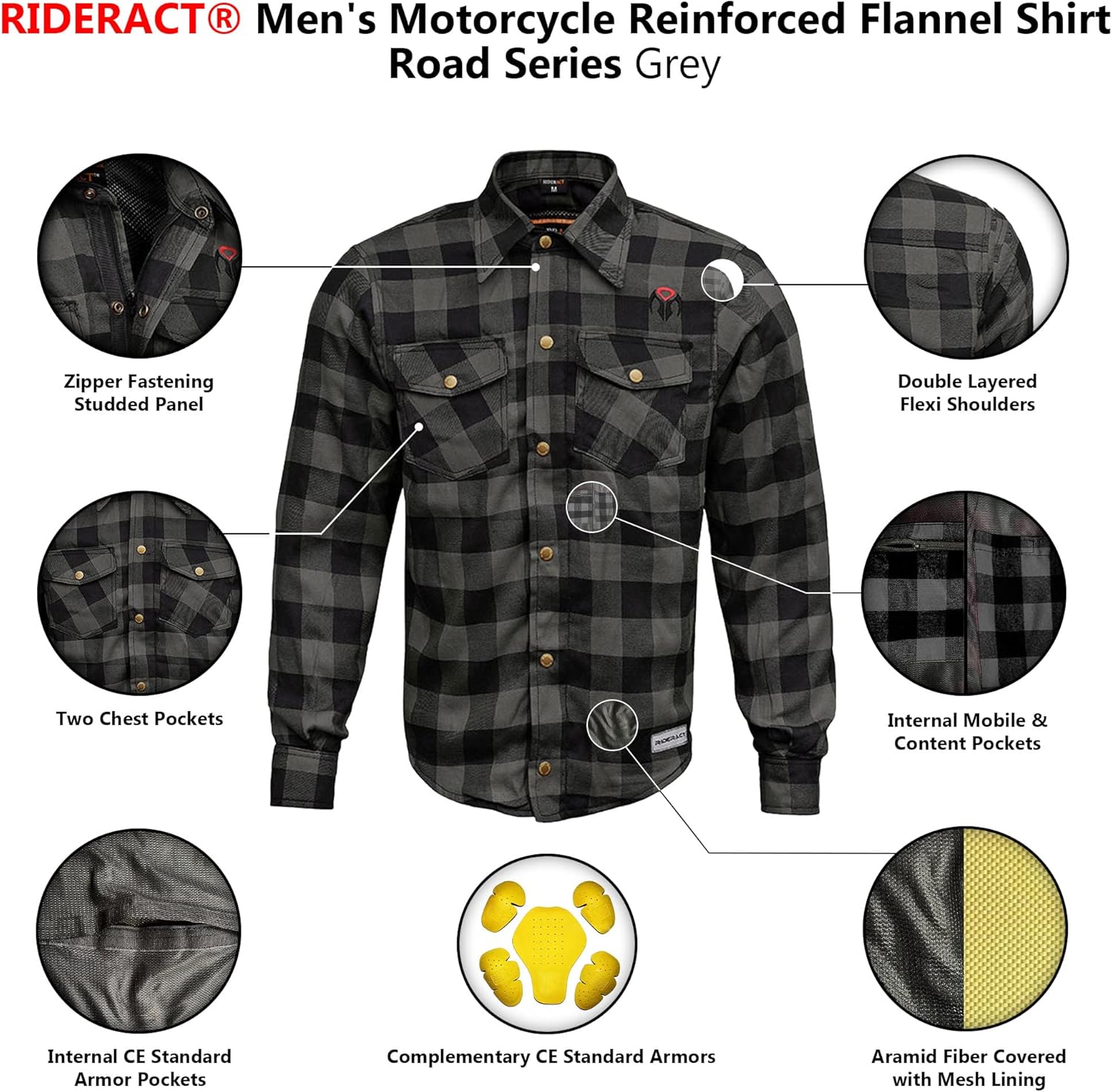 RIDERACT Men’s Motorcycle Flannel Shirt with CE Armor Aramid Reinforced Riding Jacket, Armored Motorbike Shirt Jacket
