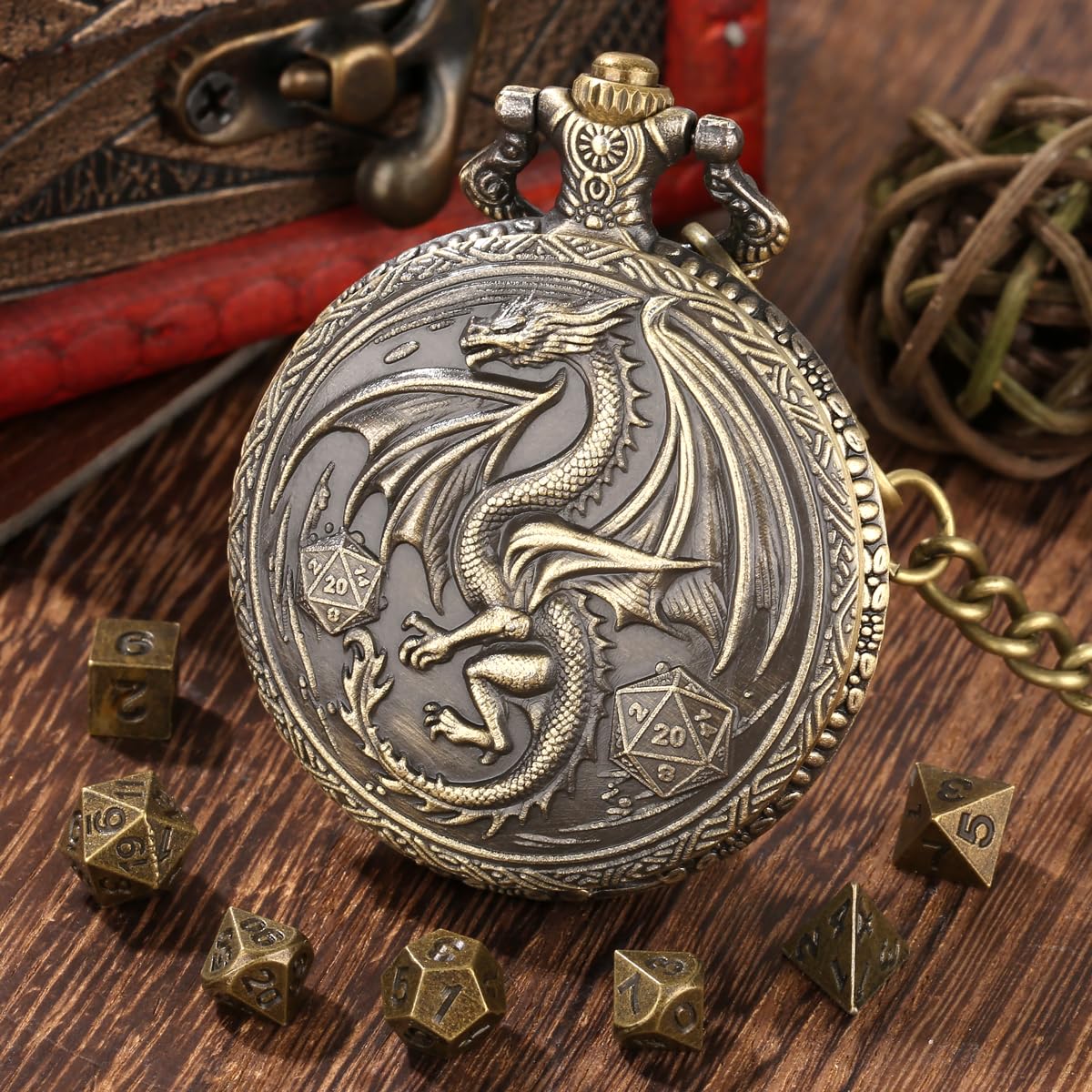 Mini DND Dice Set including Steampunk Winged Flying Dragon Pocket Watch Shell Case, 7pcs Polyhedral Metal Dice Set - Image 2