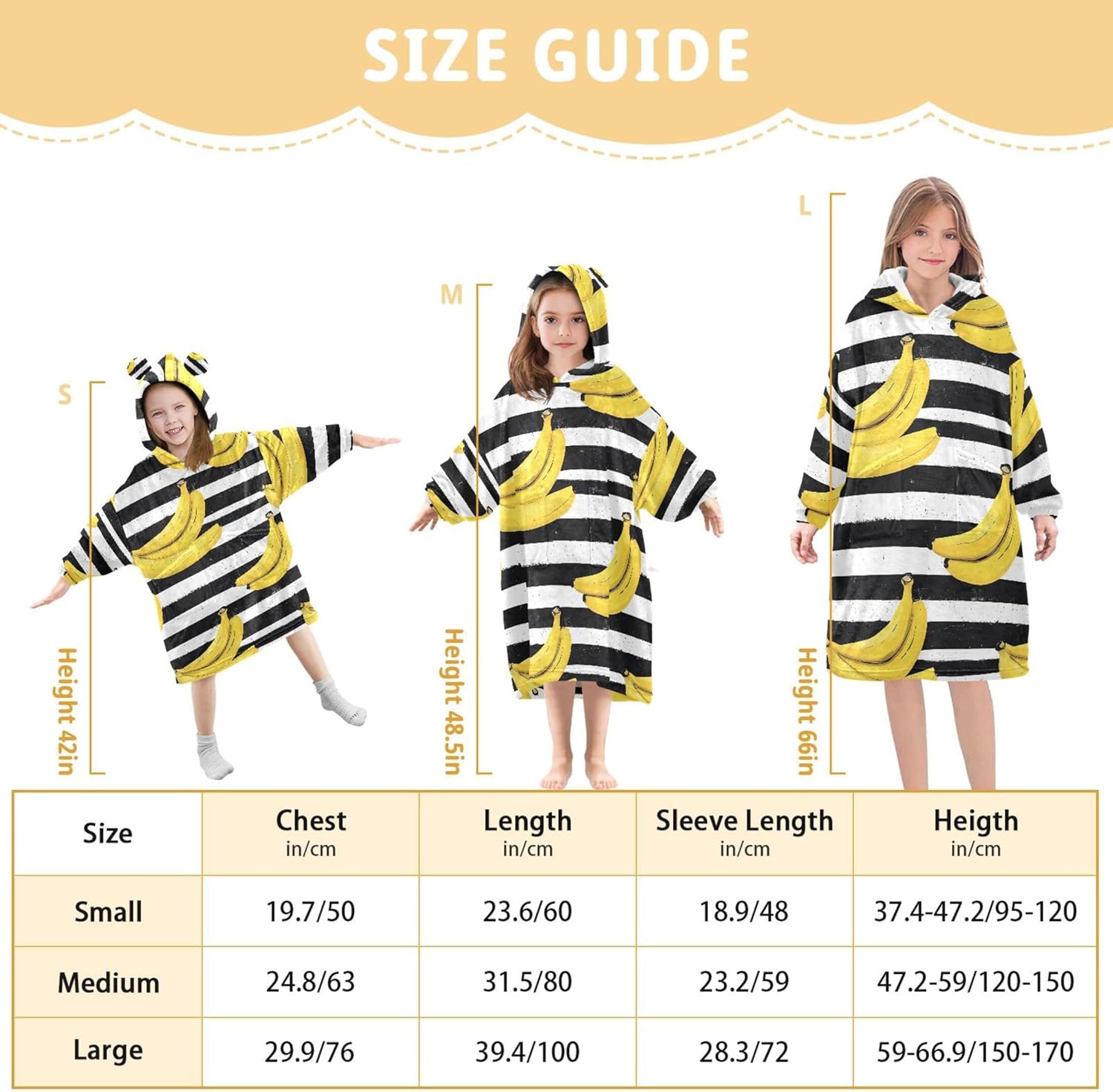 Banana Fruit Stripe Kids Wearable Blanket Hoodie with Pocket and Sleeves for Toddlers, Cute Hoodies Girls B0403934