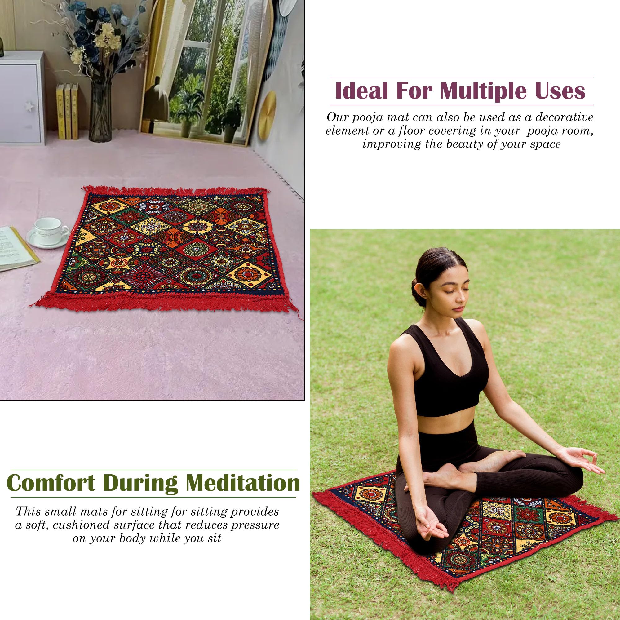 Kuber Industries Pack of 2 Velvet Finish Rectangular Pooja Mat for Sitting On Floor | Traditional Rangoli Print Aasan Puja Cloth for Home Mandir | Suitable for Prayer & Meditation | Red Rangoli 4