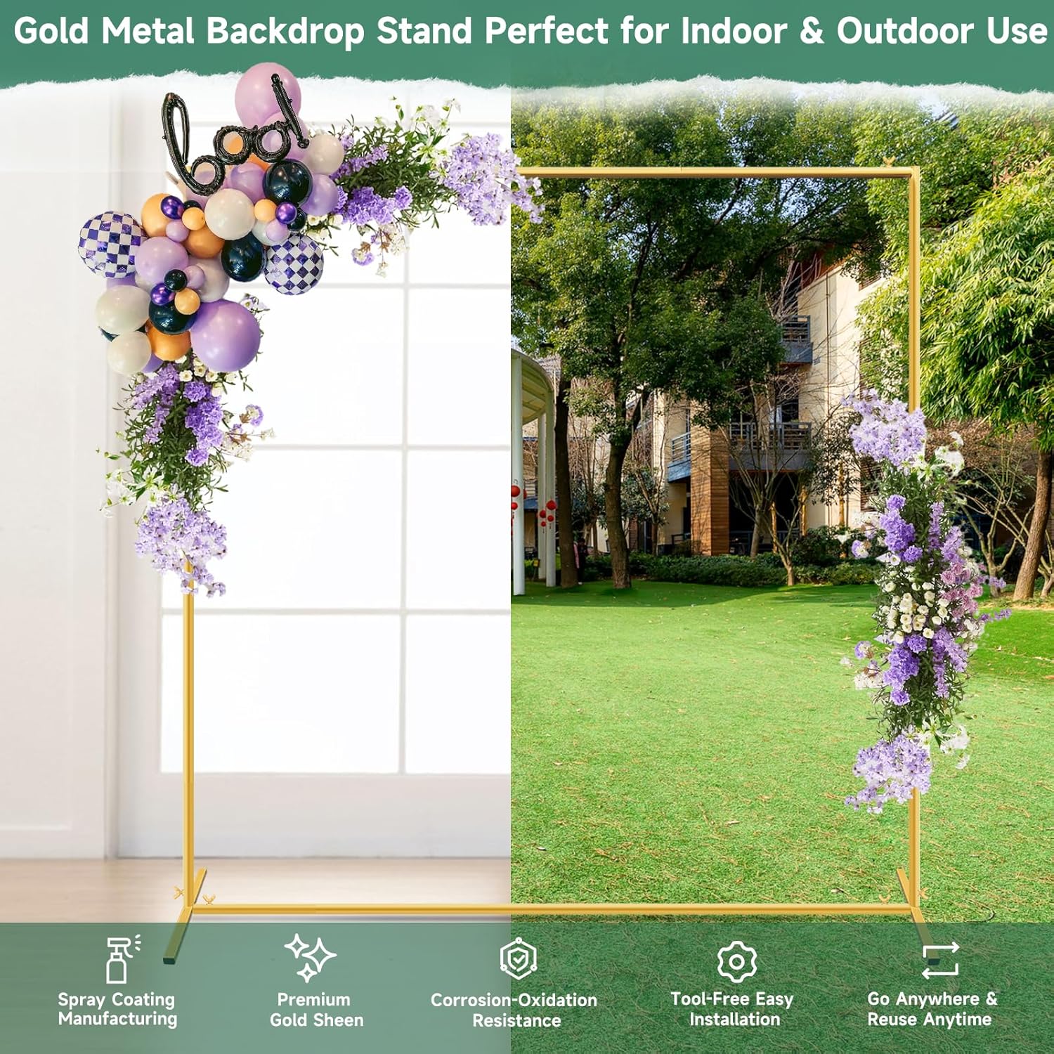 Wedding Arch Backdrop Stand Square 6.6x6.6FT Gold Balloon Arch Stand Garden Arbor Backdrop Frame for Wedding Party Birthday Baby Shower Photo Booth Background Decoration