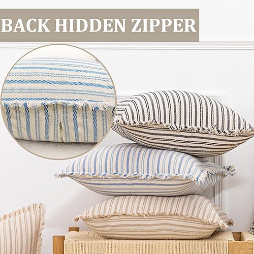 Miniatura 4 de Vfuty Juego de 2 fundas de almohada decorativas de lino y algodón de 18 x 18 pulgadas, funda de almohada de rayas azules con flecos, funda de cojín
