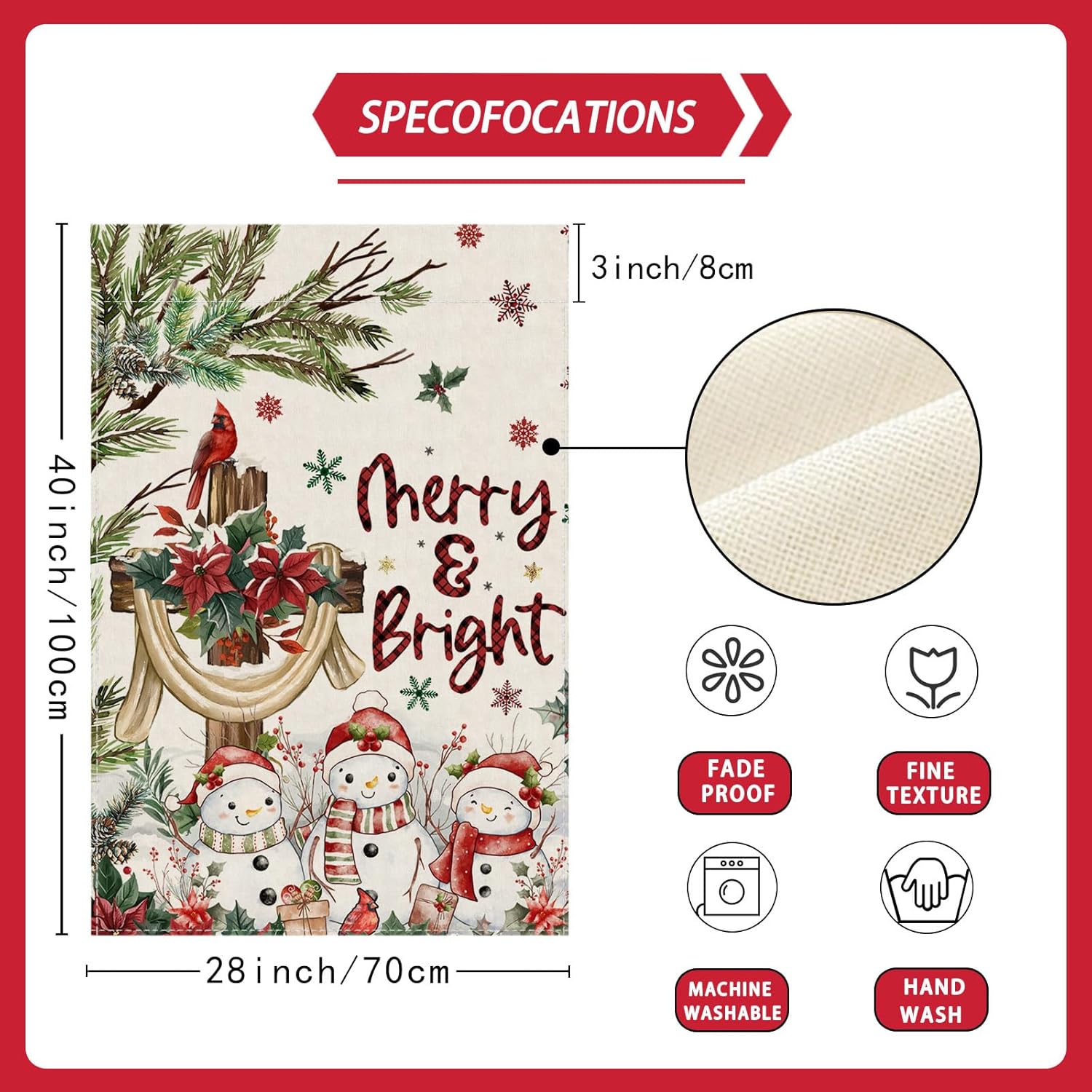 Merry & Bright Christmas Cross Poinsettias Snowmans Cardinals Winter House Flag large 28X40 Inch Big Vertical Double Sided Yard Outdoor Outside Holiday Decoration - Image 7