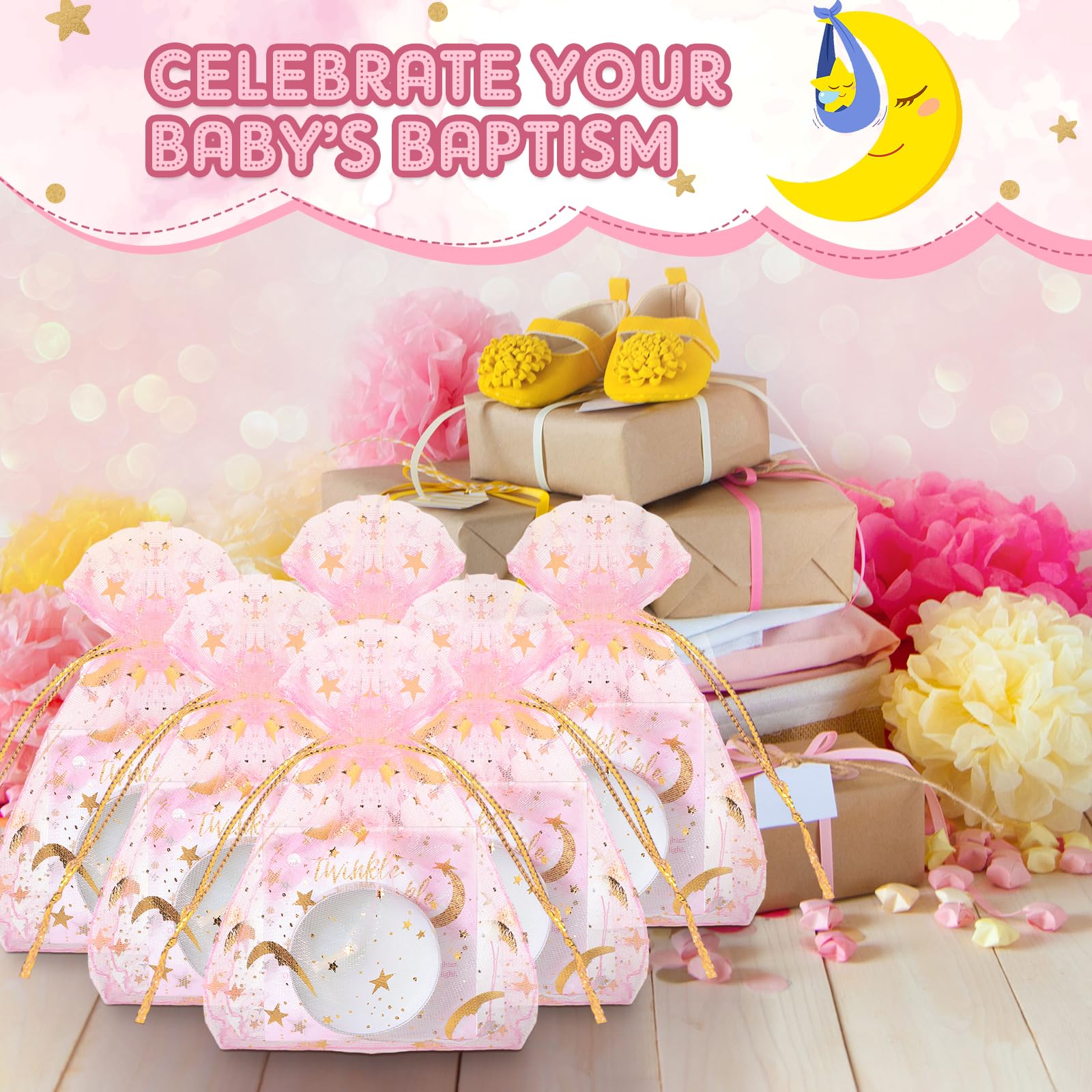 50 zestawów świec na baby shower, 50 szt. świec herbacianych dla gości, z 50 woreczkami z organzy w kształcie gwiazdy księżyca i 50 szt. zawieszki z podziękowaniami, upominki na przyjęcie dla dziecka,